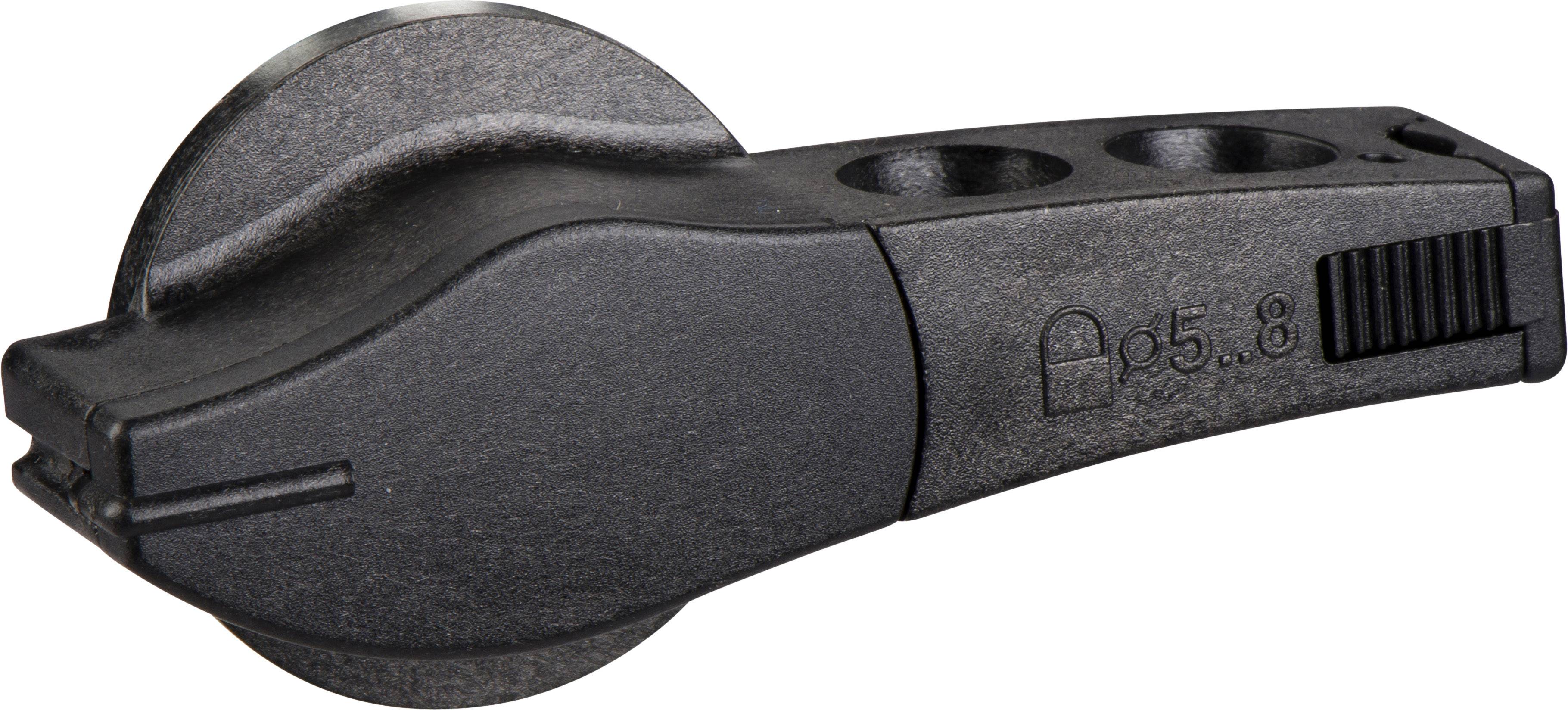 Schwarzes Kunststoffteil mit Aufdruck 'ø5.8', zwei runden Löchern und geriffeltem Bereich. Funktion unklar, möglicherweise Teil eines Geräts.
