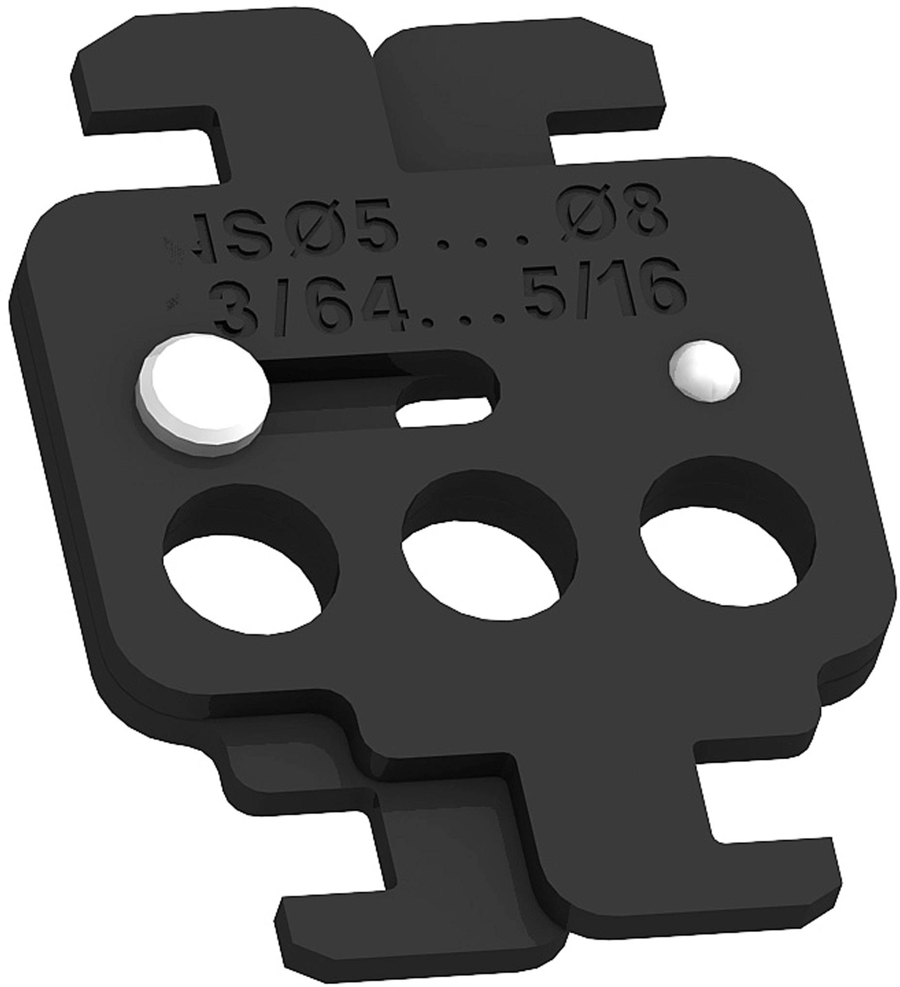 Schwarz lackierte Metallplatte mit mehreren unterschiedlich großen Löchern und eingeprägter Größe in Millimetern und Zoll.