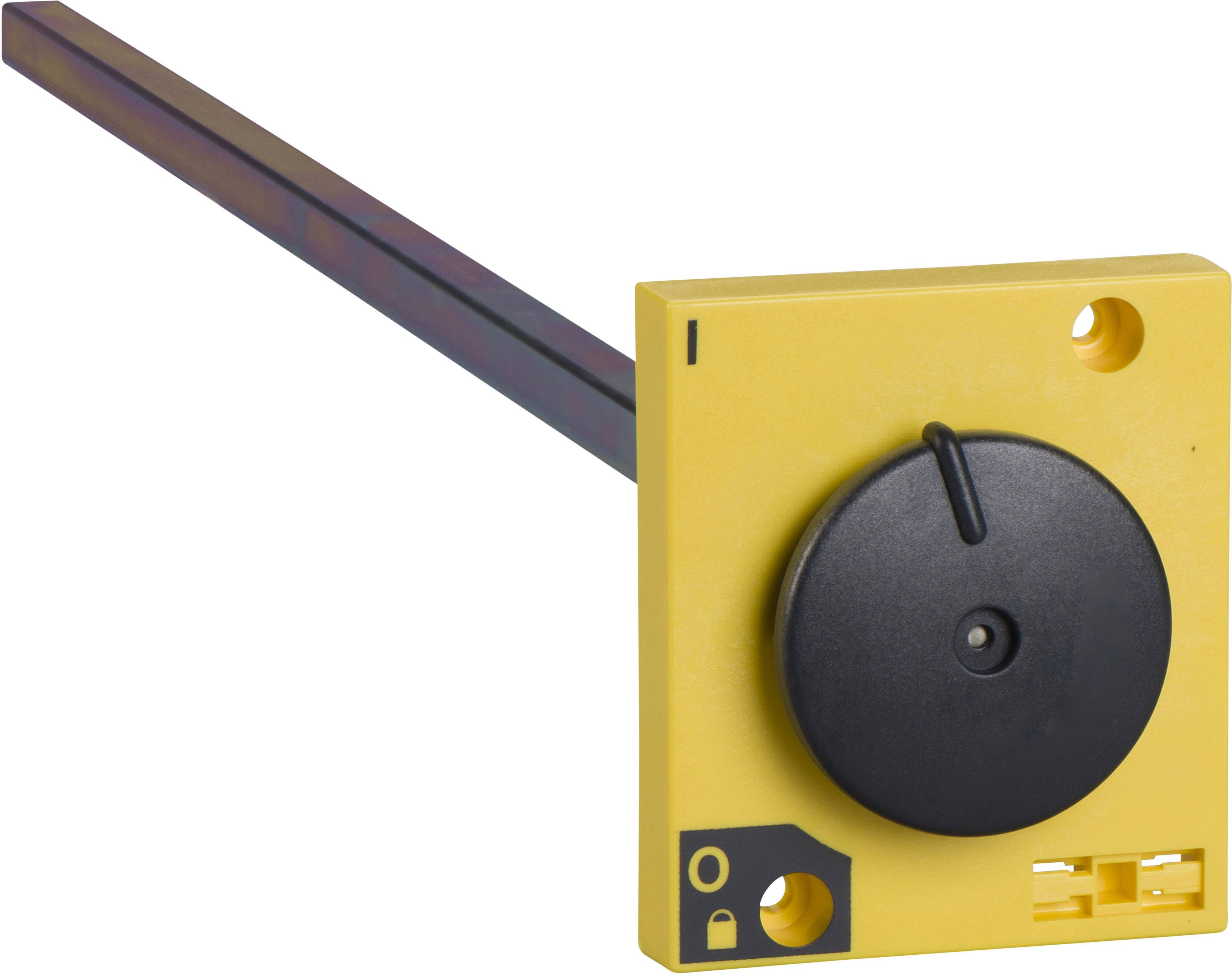 Ein gelbes quadratisches Sensormodul mit schwarzem runden Drehknopf an einem schwarzen Kabel. Geeignet für Industrieanwendungen.