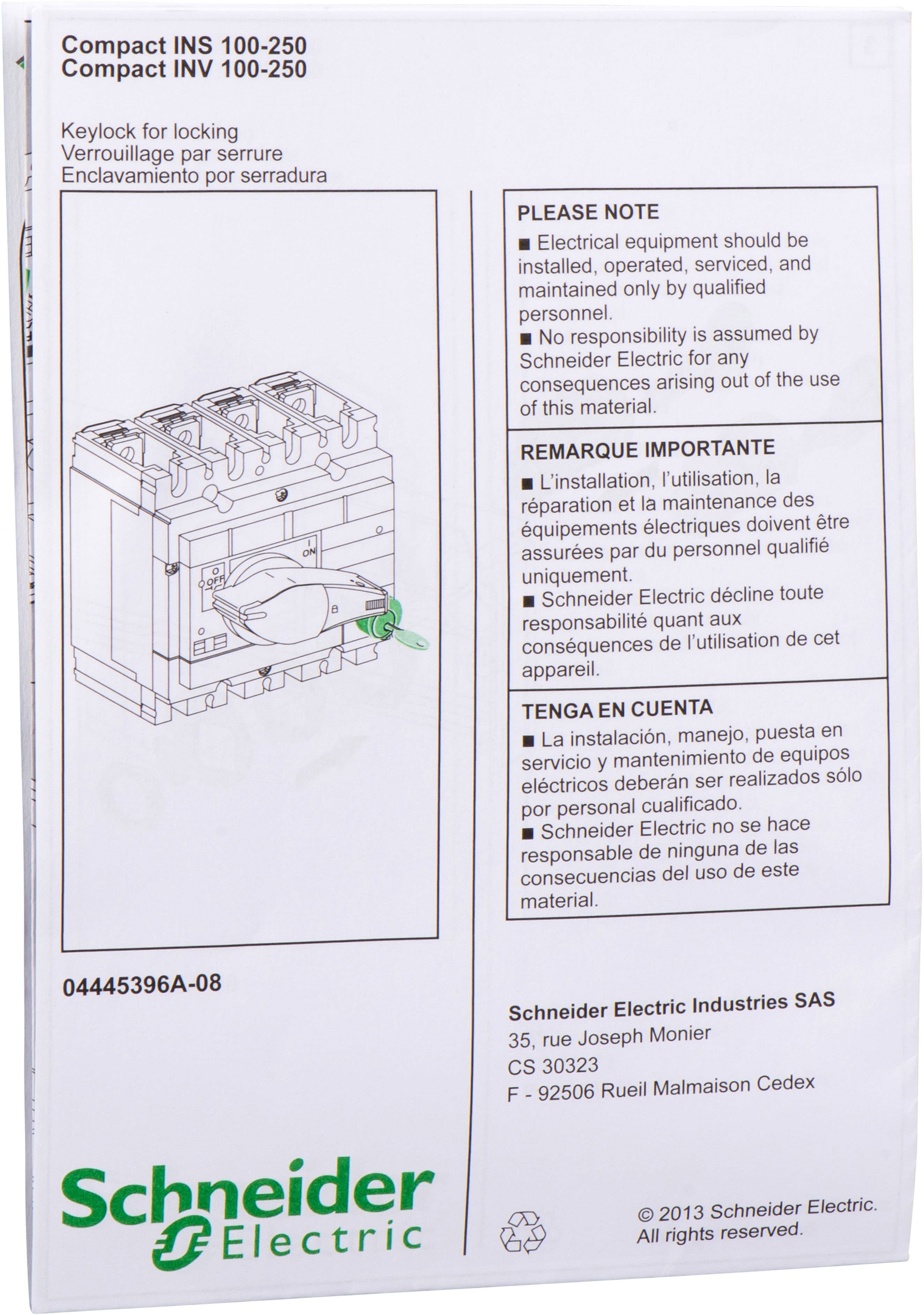 Elektrisches Gerät im Karton mit wichtigen Sicherheitshinweisen in mehreren Sprachen. Hersteller: Schneider Electric.