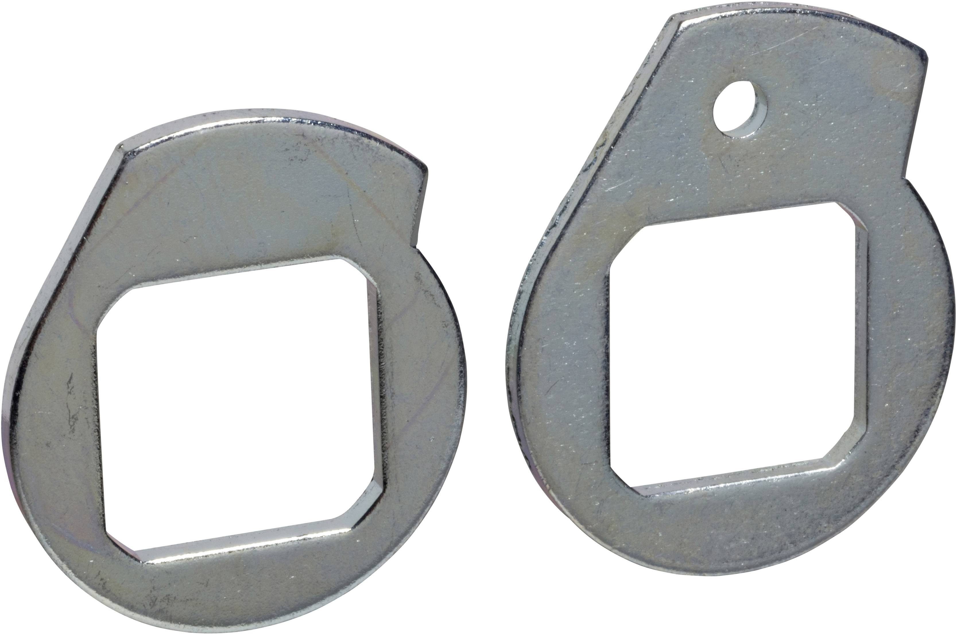 Zwei metallene Sicherungsbleche mit quadratischen Ausschnitten und jeweils einer Rundung oben, zur Befestigung oder Sicherung geeignet.