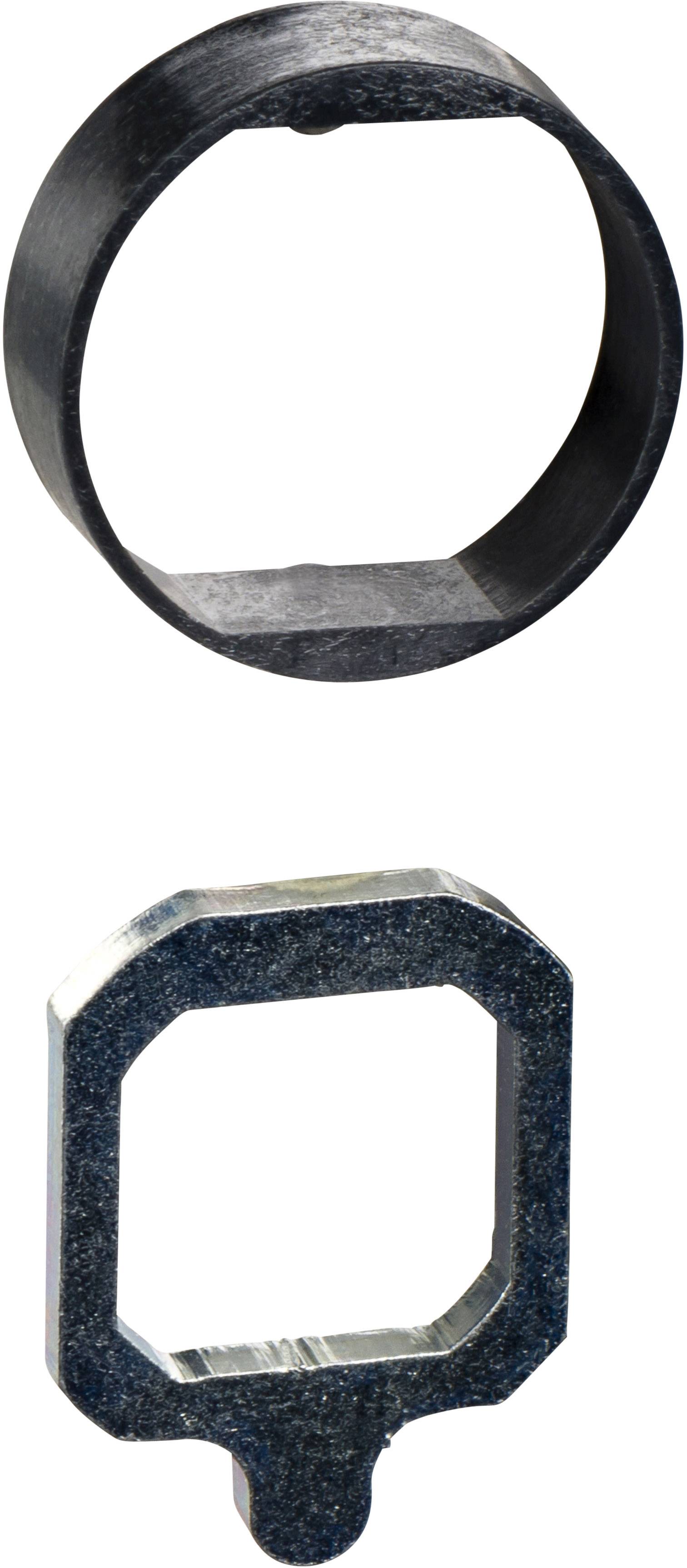 Ein runder Metallring und eine vierkantige Metallplatte mit Griff, beide dunkel gefärbt, auf weißem Hintergrund.