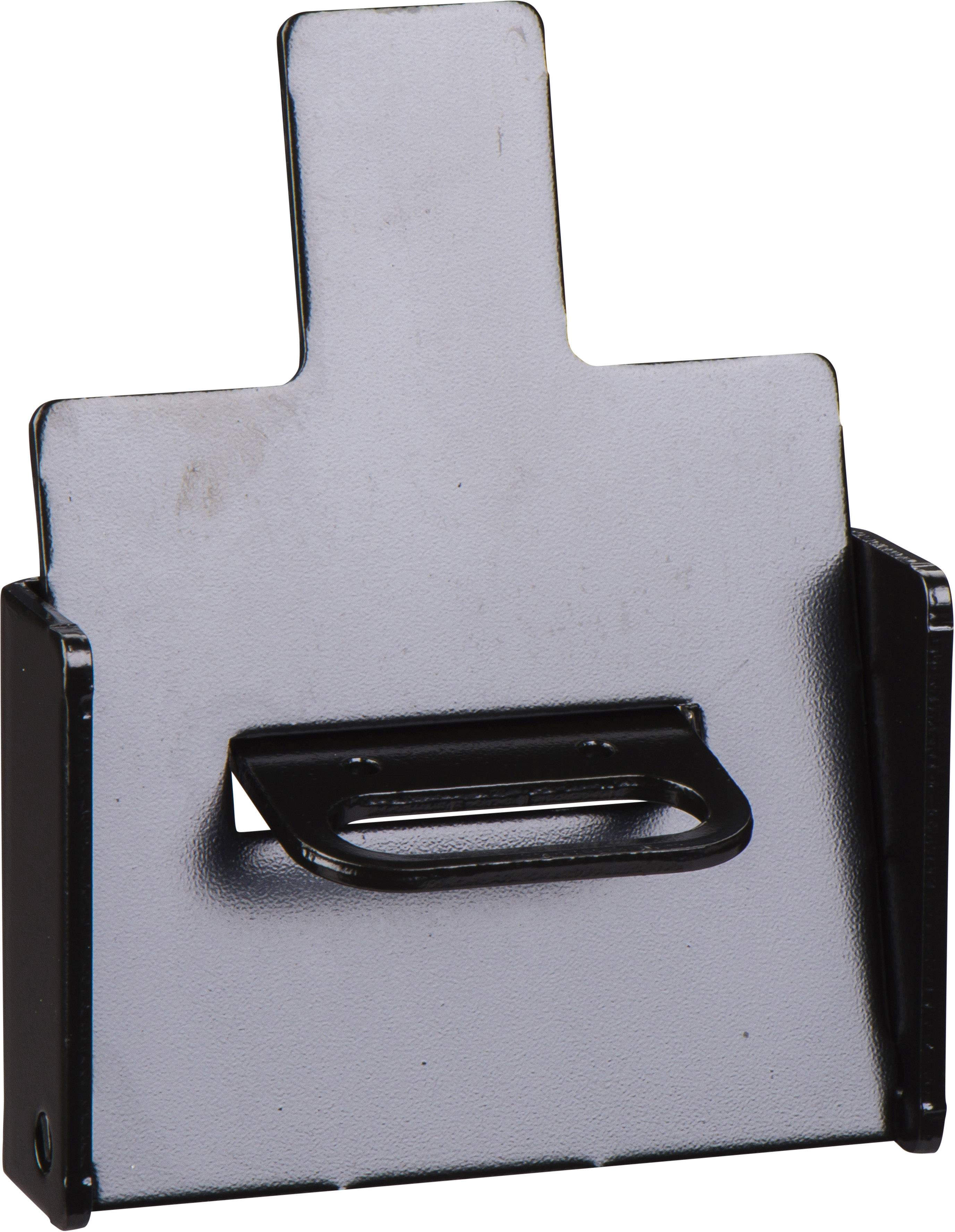 Ein silbernes Metallstück mit einem ausgestanzten Griff, eingerahmt von einer schwarzen Halterung.