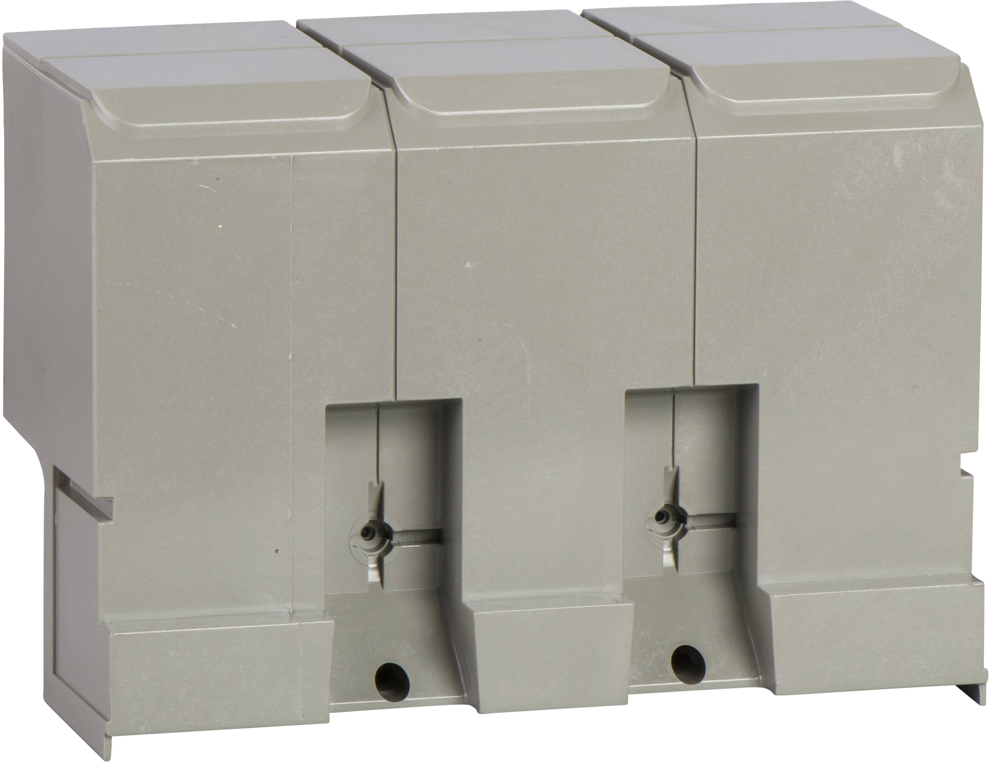 Grauer dreifacher modularer Schalter mit geschlossenem Gehäuse, typisch für industrielle oder elektrische Anwendungen.