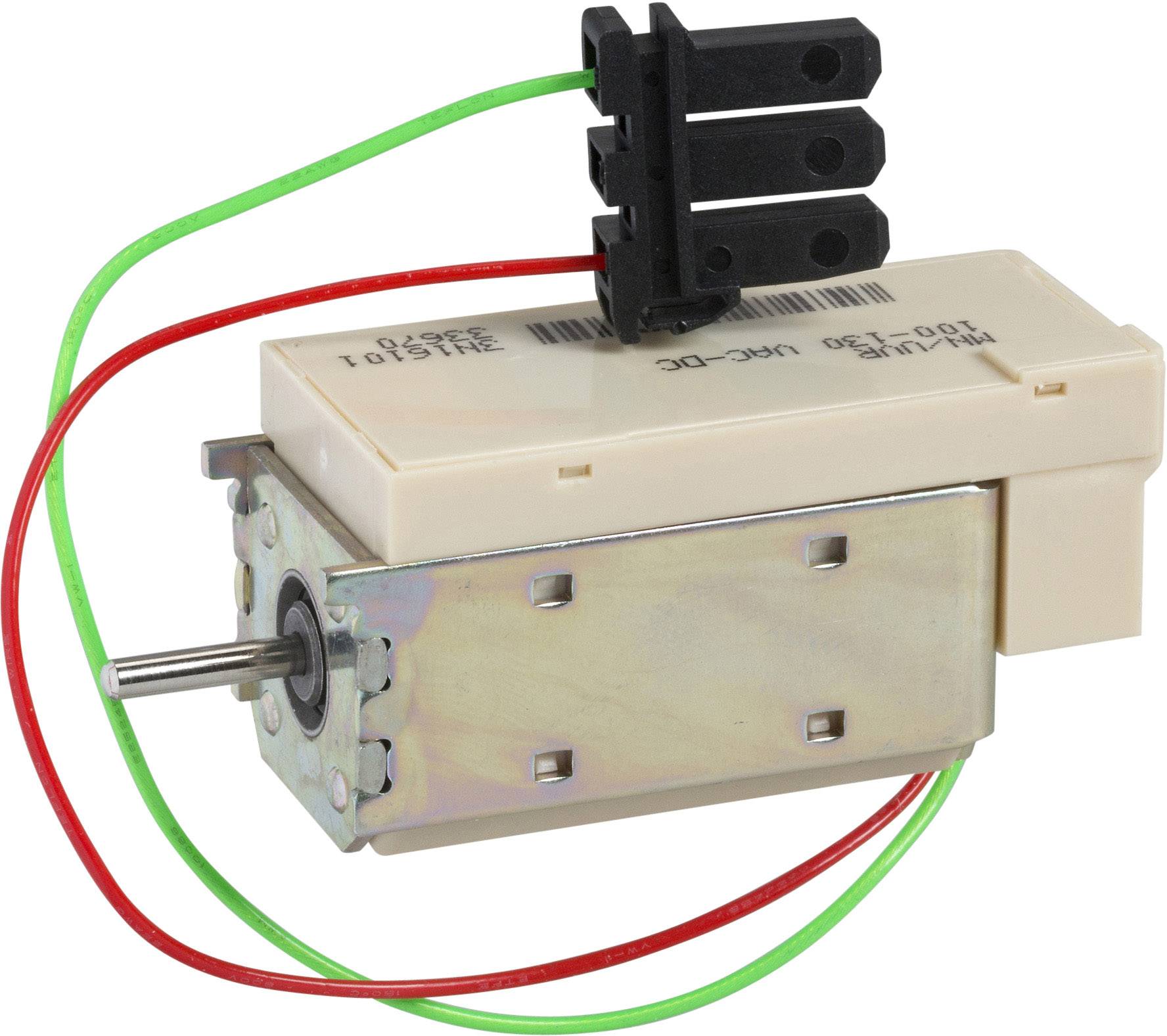 Ein kleiner Elektromotor mit zwei Kabeln, einem roten und einem grünen, die an einem schwarzen Steckverbinder befestigt sind.