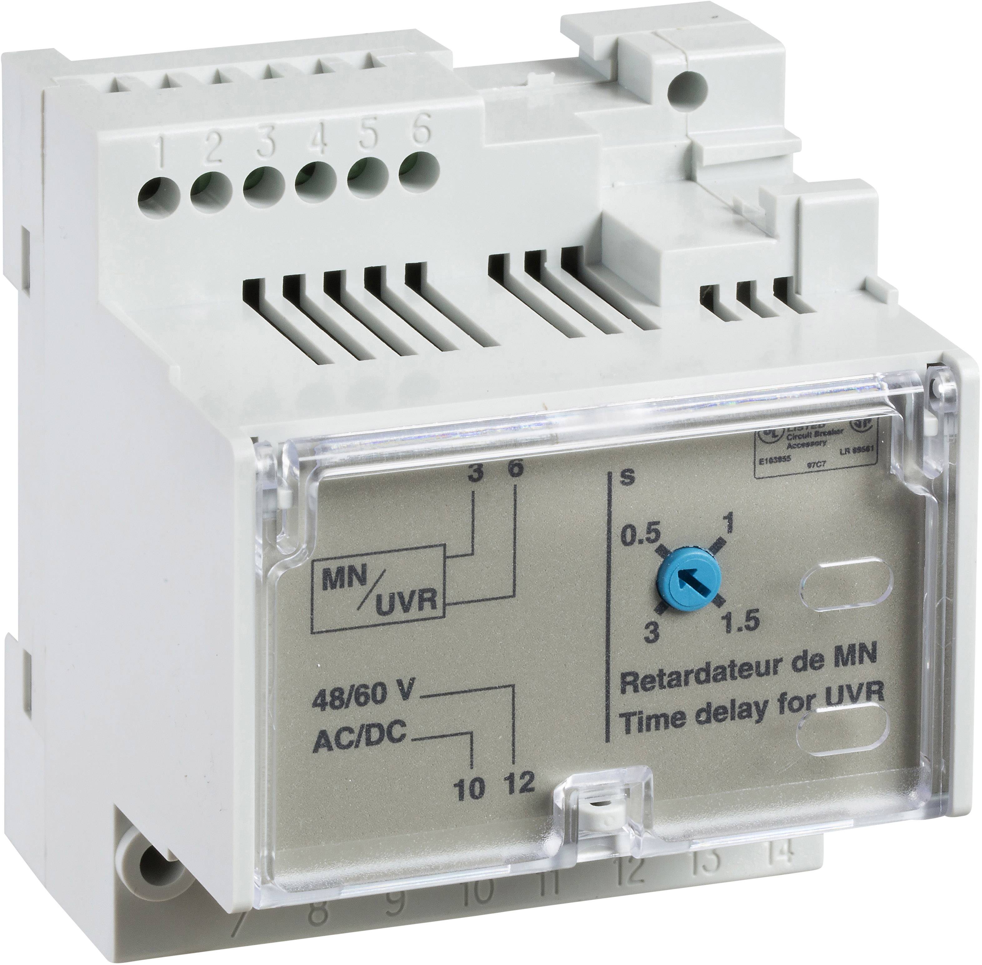 Ein automatischer Zeitverzögerungsrelais zur Steuerung von Stromkreisen. Beschriftungen zeigen elektrische Spezifikationen.