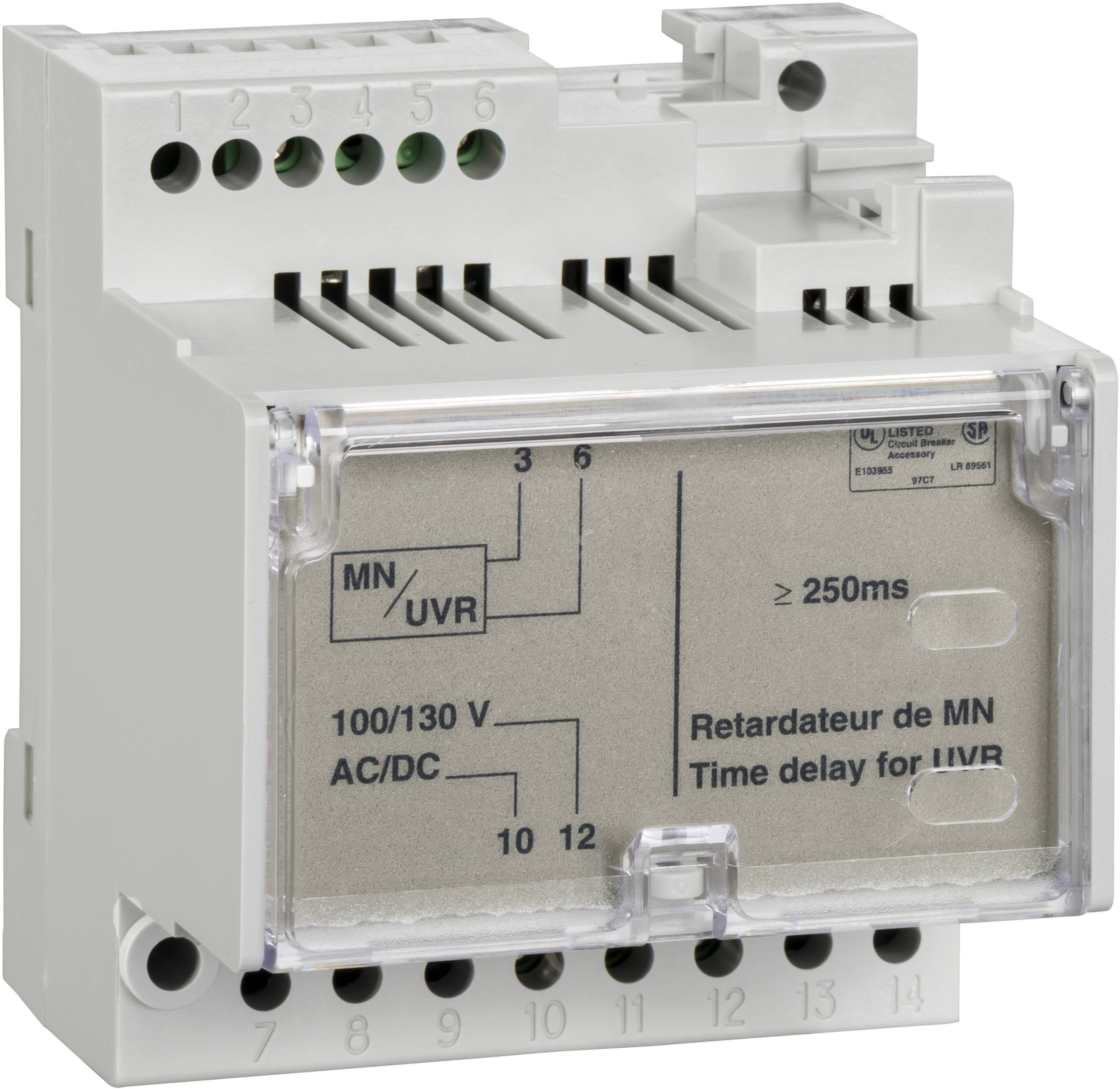 Ein elektrisches Zeitrelais mit verschiedenen Anschlussklemmen und einer Beschriftung 'Retardateur de MN' für Verzögerungsfunktionen.