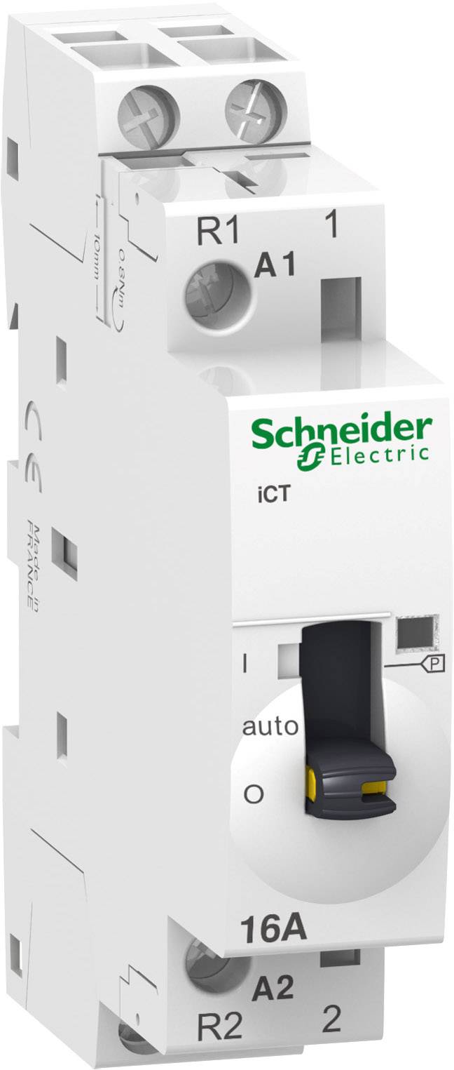 electro-mechanischer Schalter von Schneider Electric, Modell iCT mit 16A. Weißes Gehäuse und ein schwarzer Schalter für manuelle Steuerung.