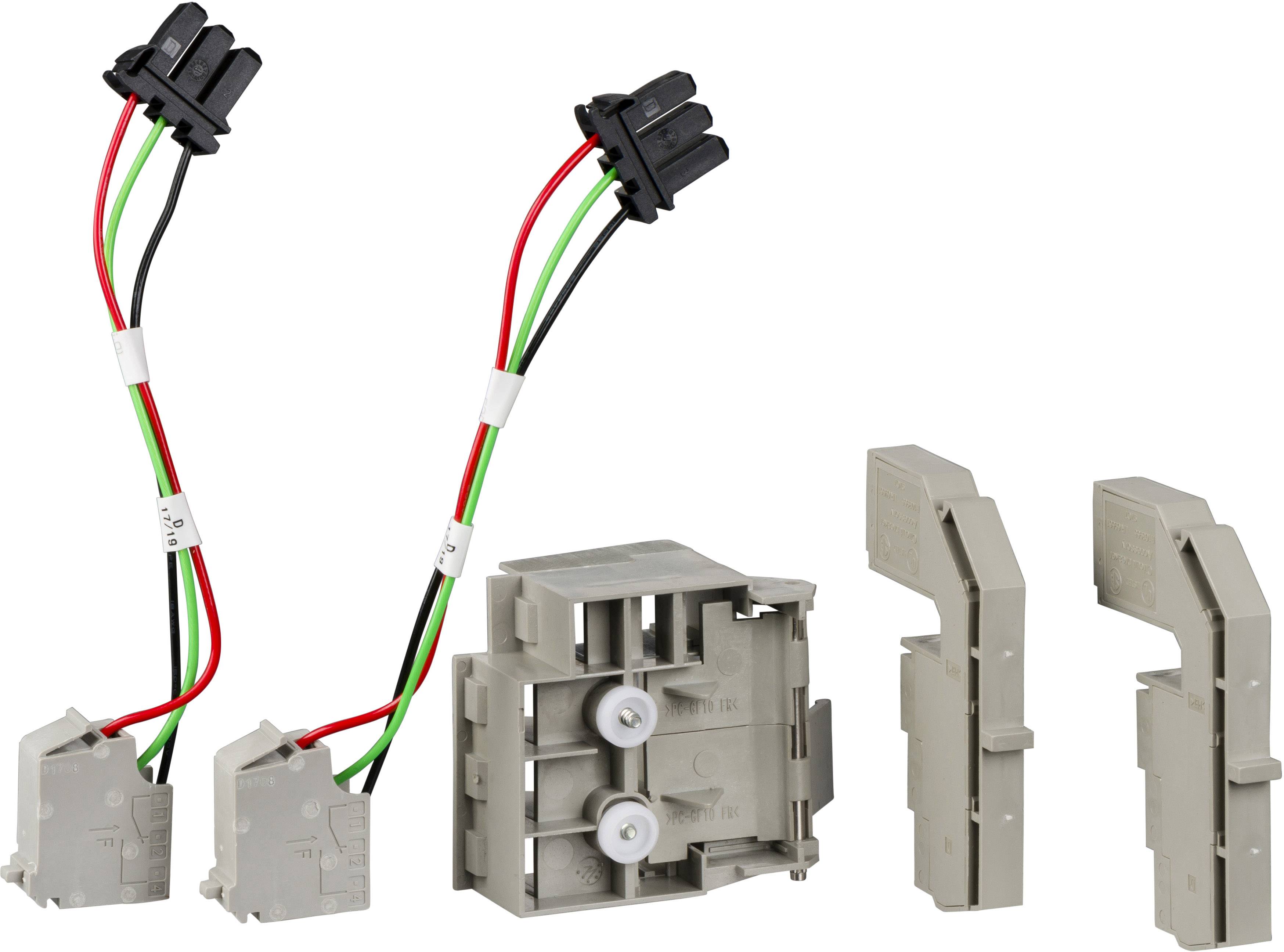 Bausatz mit grauen Gehäuseteilen und zwei Kabeln mit schwarzen Steckern. Kabel haben rote, schwarze und grüne Drähte.