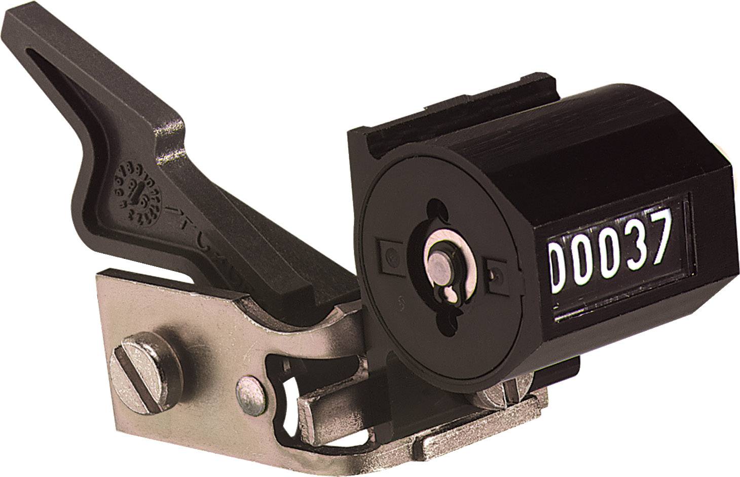 Ein mechanischer Klickzähler mit einer Metallhalterung und einer Anzeige von '00037'. Verwendet zur Erfassung von Zähleinheiten.