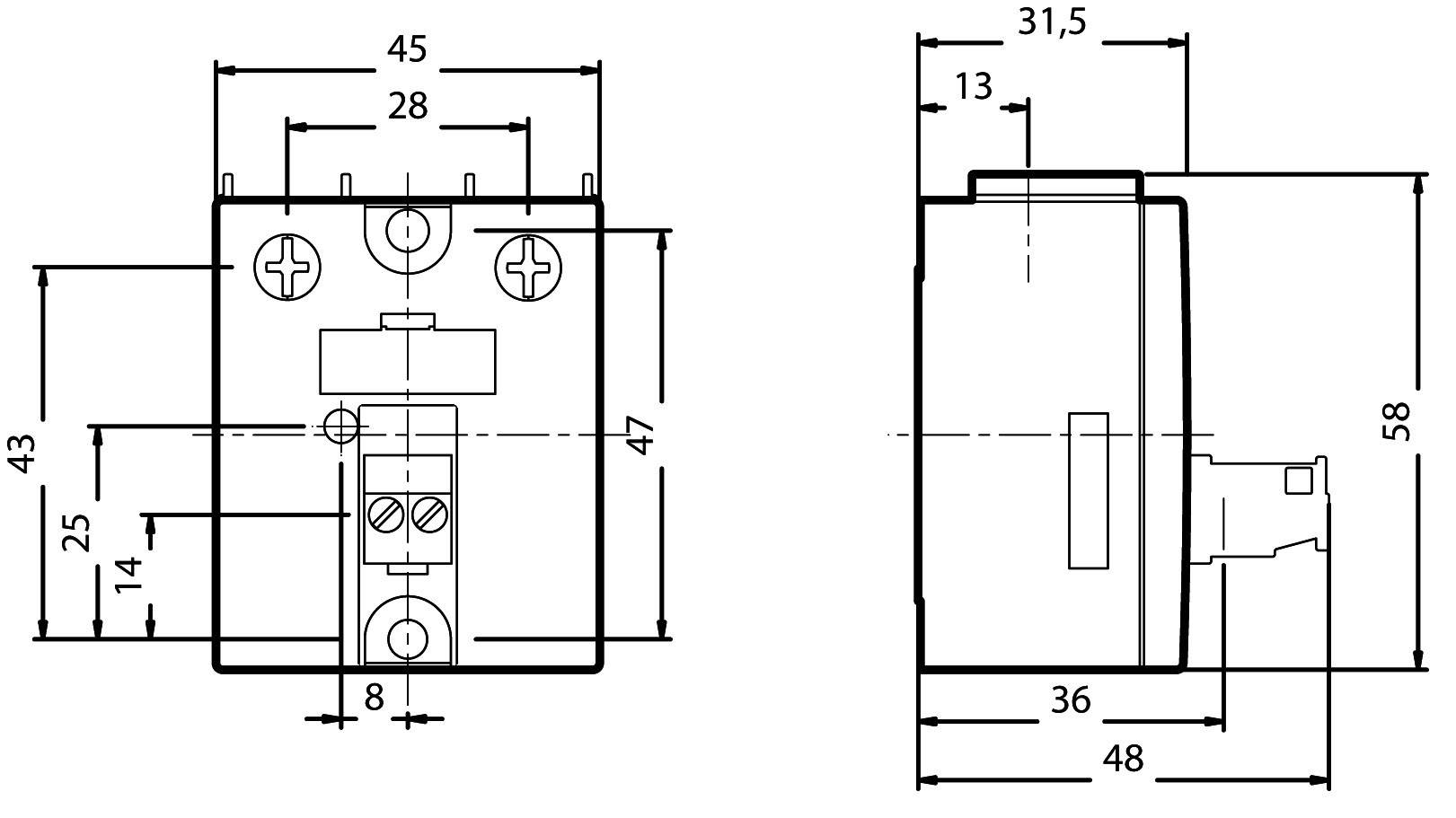 Technische Zeichnung eines elektronischen Bauteils mit Abmessungen: Breite 48 mm, Höhe 58 mm, Tiefe 36 mm. Details anzeigen Befestigungspunkte und Pins.