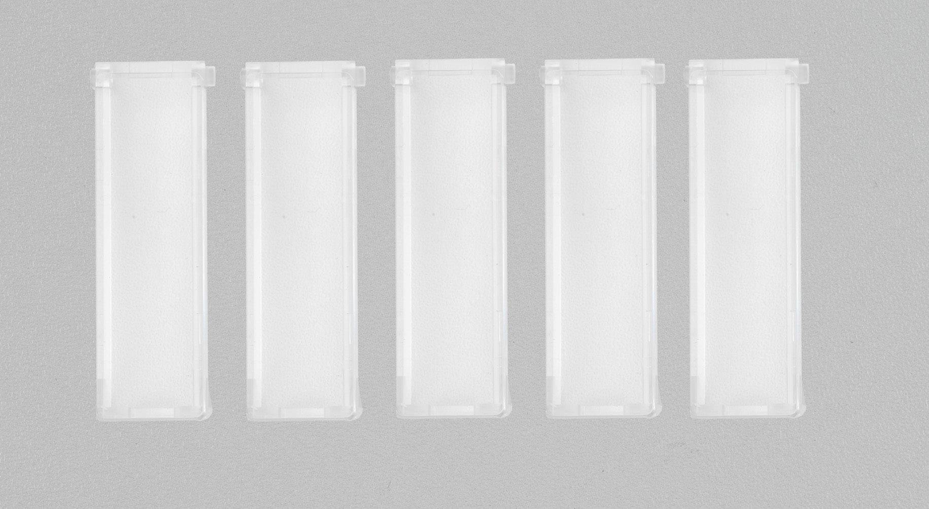 Fünf leere, nebeneinander angeordnete transparente Behälter auf grauem Hintergrund.