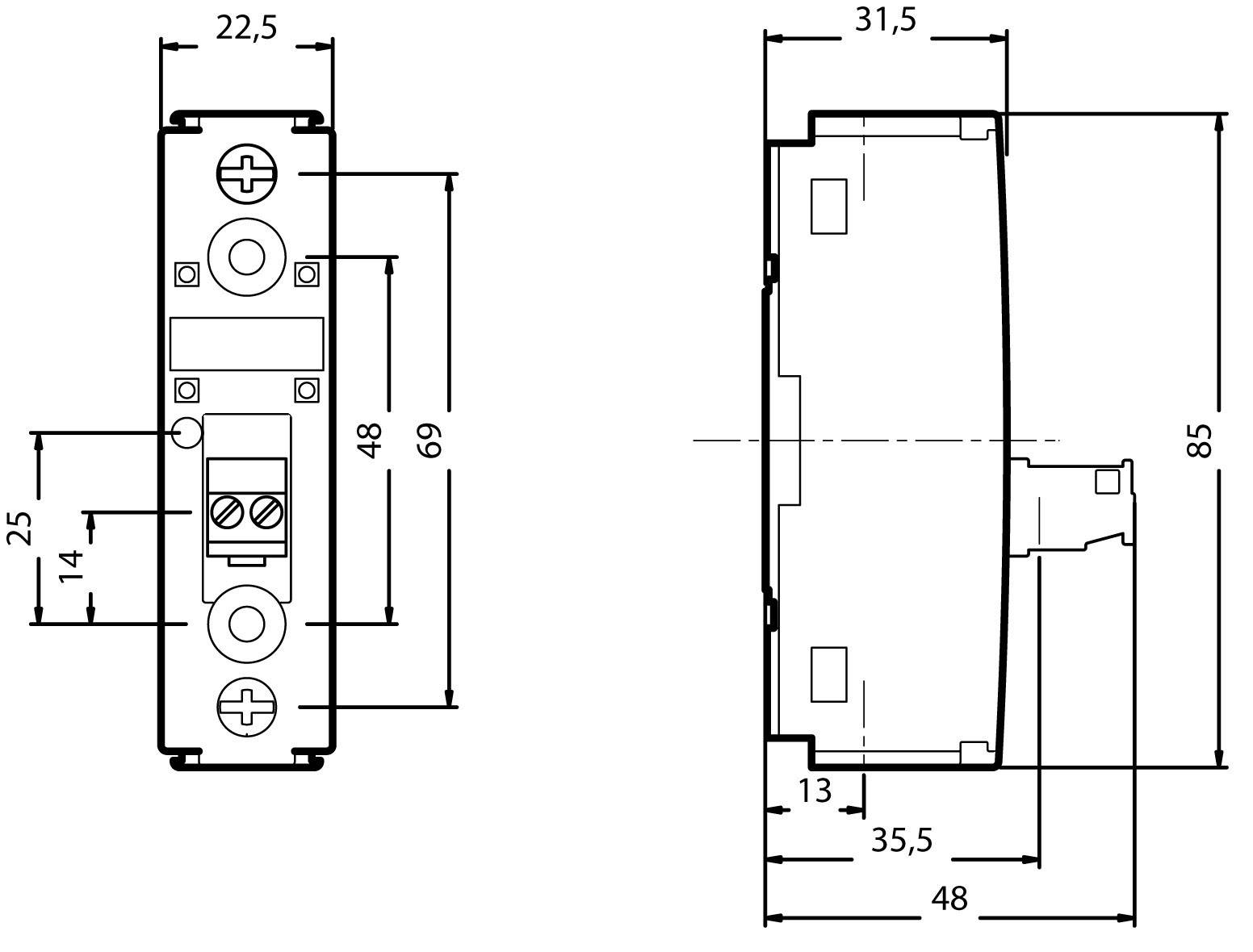 Zeichnung eines elektrischen Bauteils mit Abmessungen: Breite 22,5 mm, Höhe 69 mm, Tiefe 31,5 mm, Gesamthöhe 85 mm.