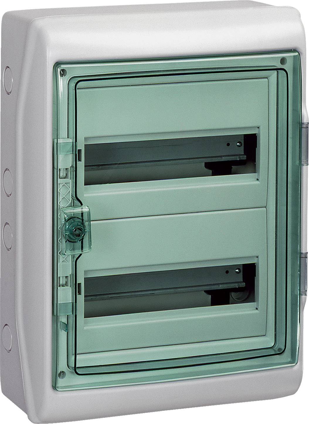 Grauer Kunststoff-Wandschrank mit transparente Tür, geeignet zur Unterbringung von elektronischen Komponenten oder Sicherungskästen.