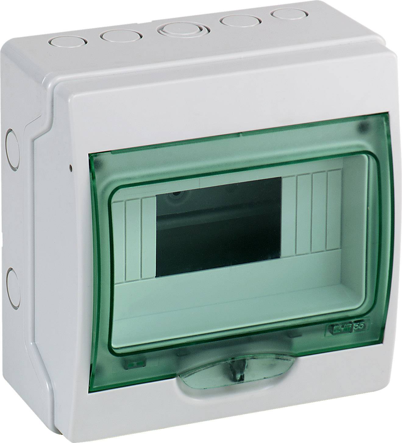 Eine weiße Kunststoff-Verteilerbox mit transparent-grünem Deckel, geeignet für elektrische Installationen und Kabelmanagement.