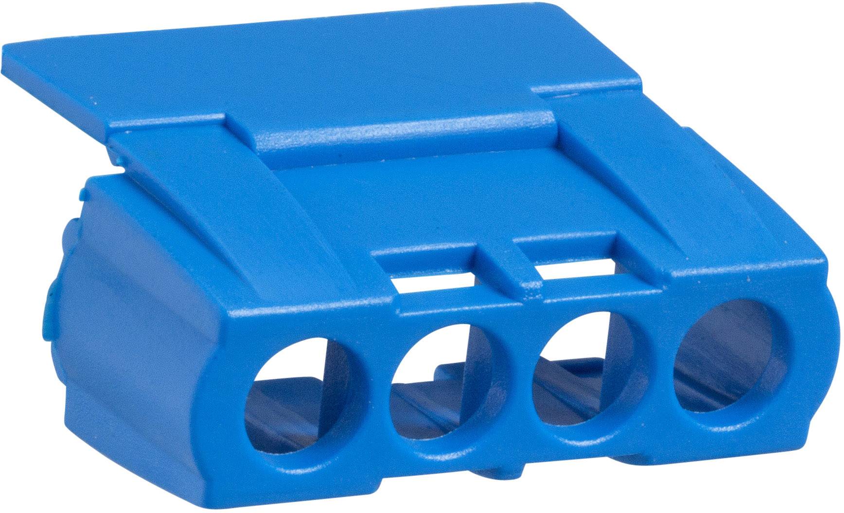 Ein blauer Kunststoffstecker mit vier runden Öffnungen, geeignet für elektrische Verbindungen.