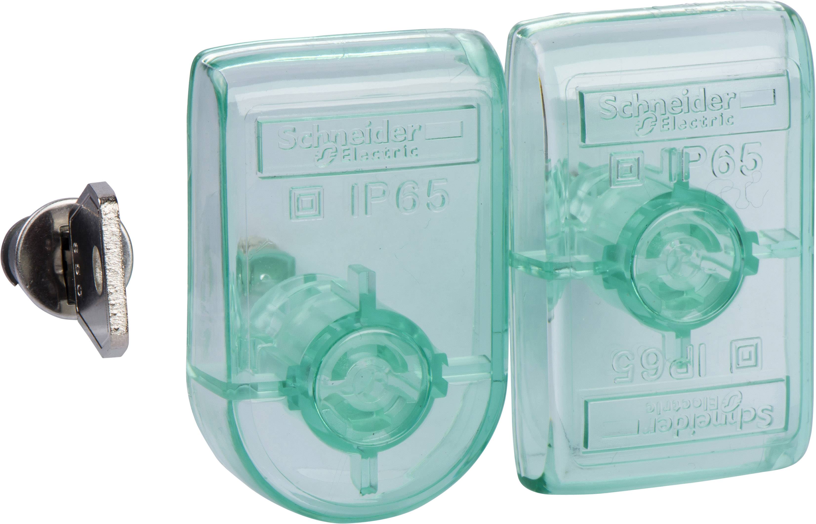 Zwei grüne IP65-Abdeckungen von Schneider Electric für elektrische Bauteile, daneben eine schwarze runde Schraube.