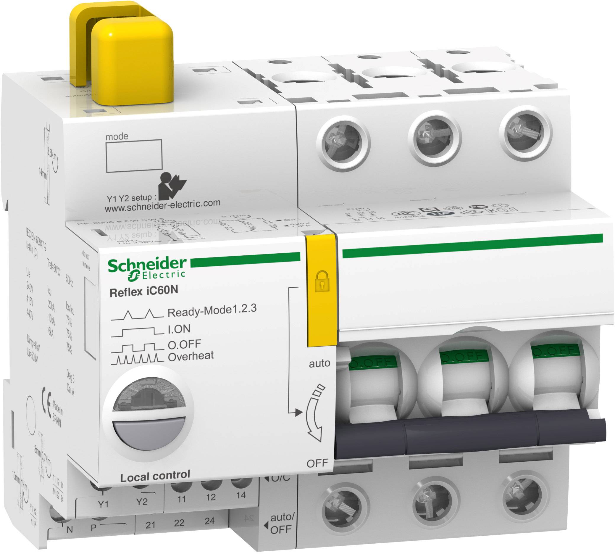 Ein dreipoliger Schutzschalter von Schneider Electric mit gelben und grünen Details, zeigt den Modus und Kontrolle für Stromüberhitzung.