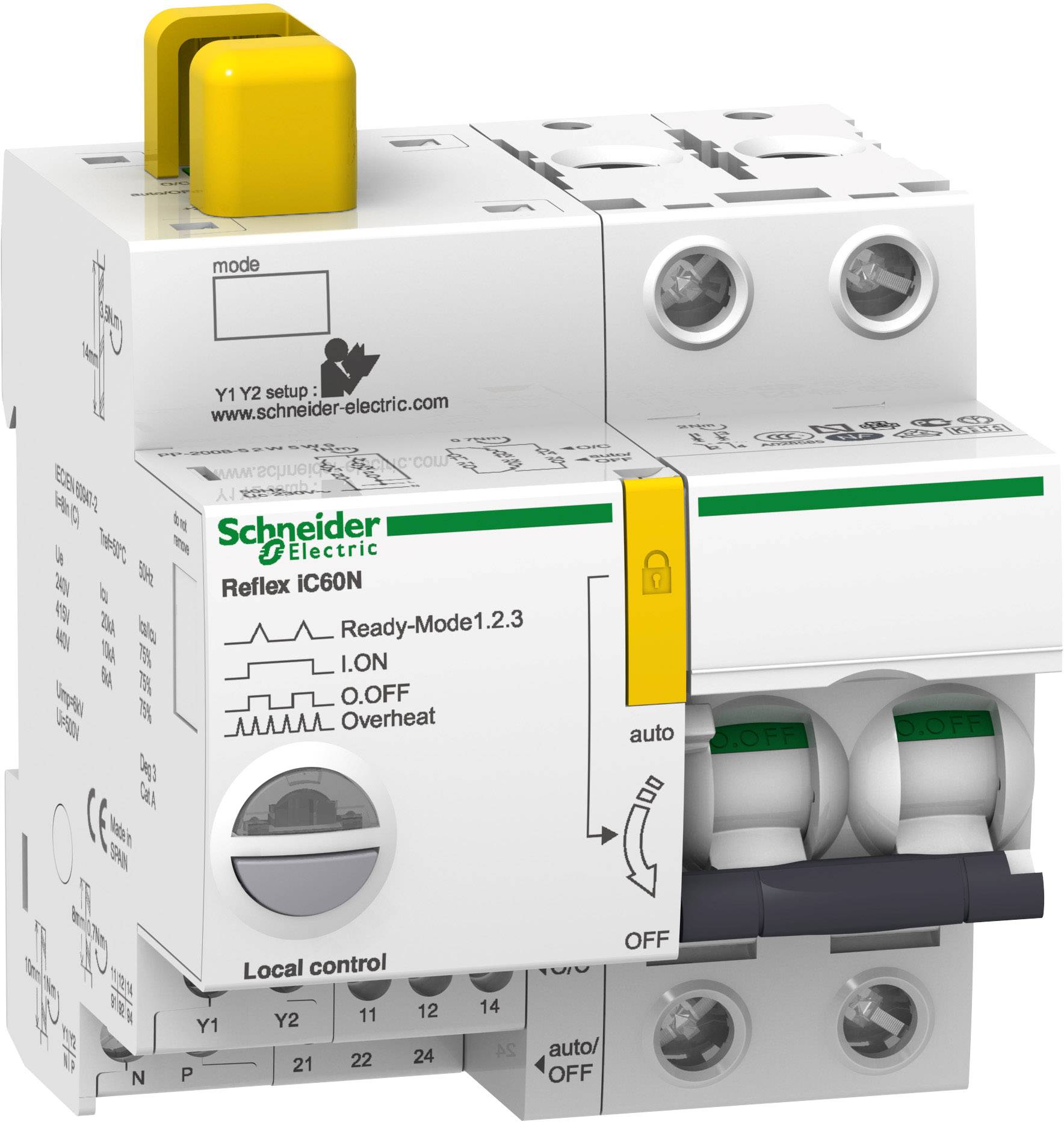 'Schneider Electric Reflex iC60N' Schaltgerät mit zwei integrierten Isolationsschaltern, gelbem Schalter und Kontrollleuchten.