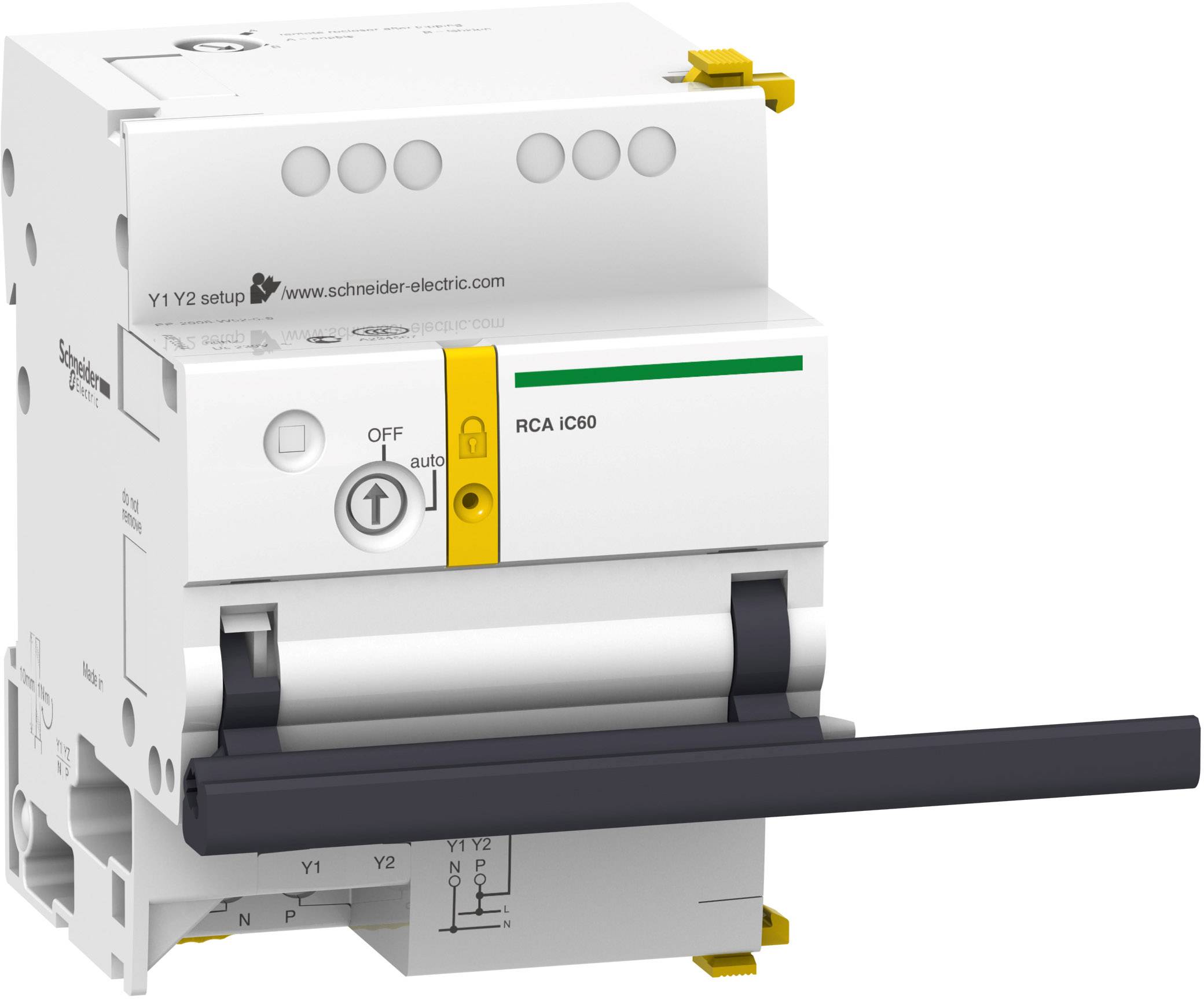 Abbildung eines FI-Schutzschalters von Schneider Electric, Modell RCA IC60, mit Hebel in der Aus-Position.