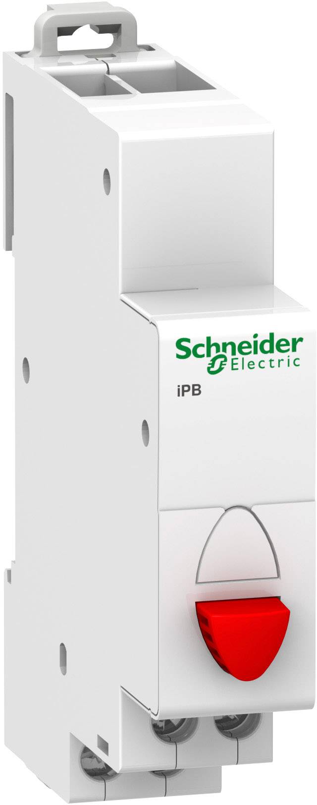 Ein einpoliger Leitungsschutzschalter von Schneider Electric mit rotem Schalter auf weißem Gehäuse, Modell iPB.