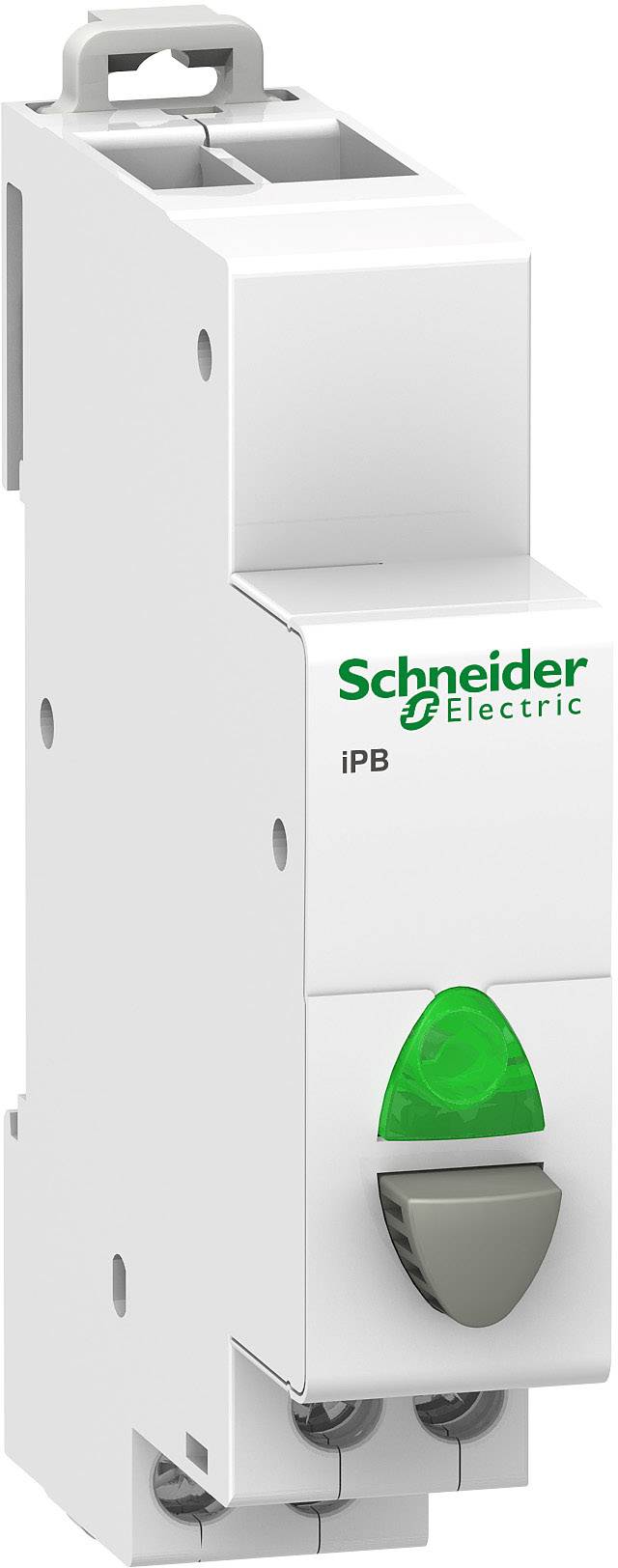 Ein einzelner elektrischer Leistungsschalter von Schneider Electric mit grünem Schalter vorne und einem weißen Gehäuse.