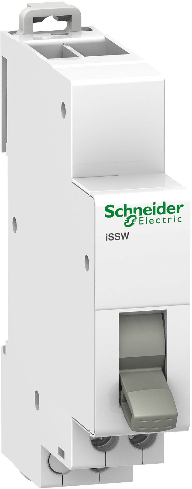Ein weißer Schutzschalter der Marke Schneider Electric mit einem grauen Hebel, aufrecht stehend, zeigt das Logo und den Schriftzug 'iSSW'.