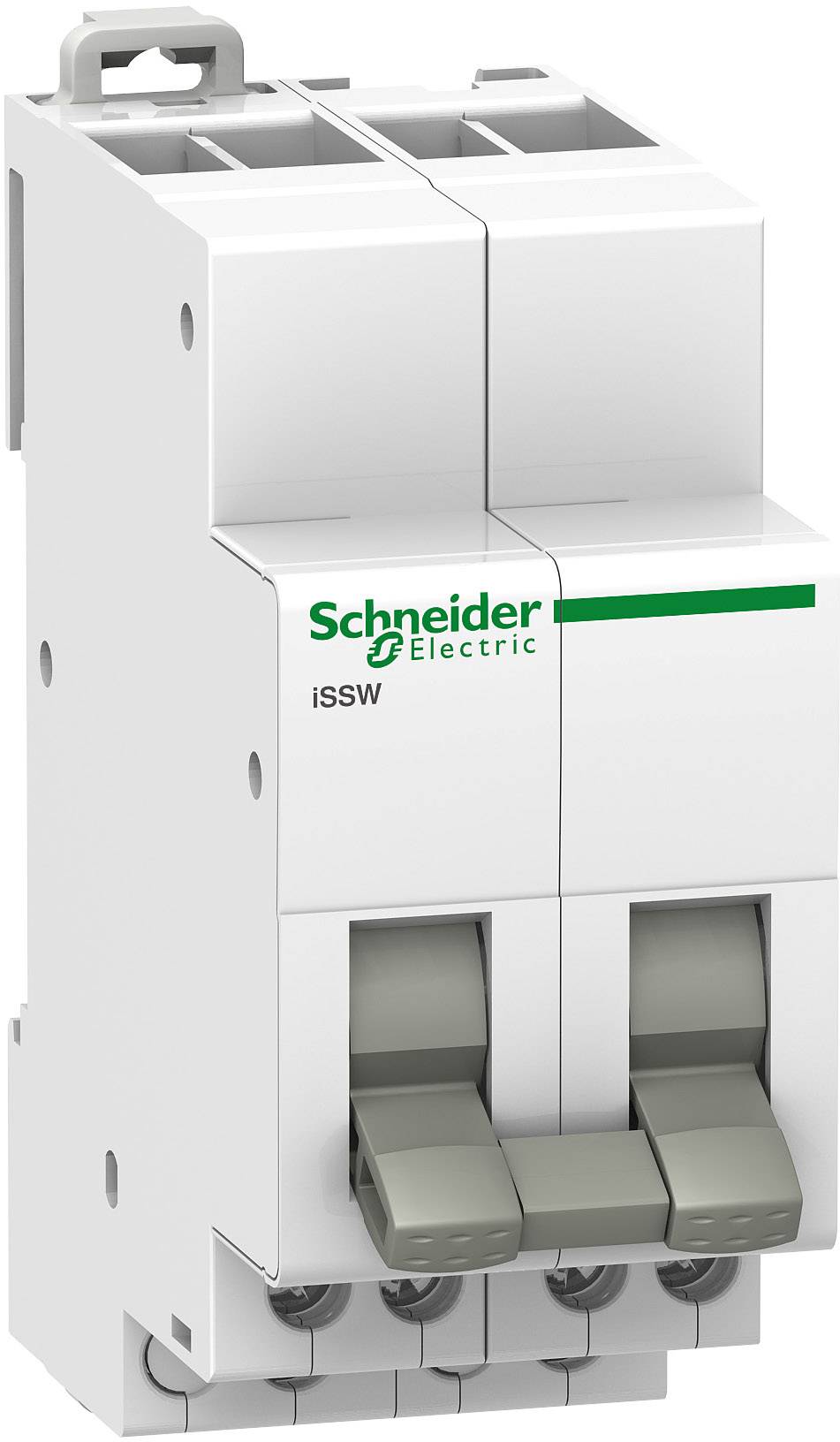 'Schneider Electric iSSW' Schutzschalter in Nahaufnahme. Weißes Gehäuse mit grünem Logo und grauen Schaltern für die elektrische Sicherheit.