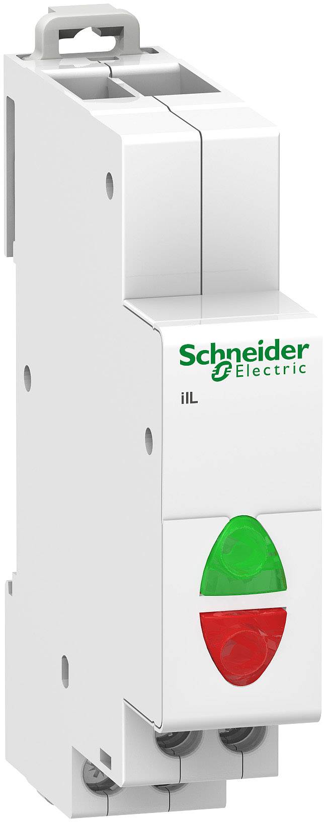 Ein weißer elektrischer Schalter von Schneider Electric mit grüner und roter Markierung, verwendet zur Steuerung von Stromkreisen.