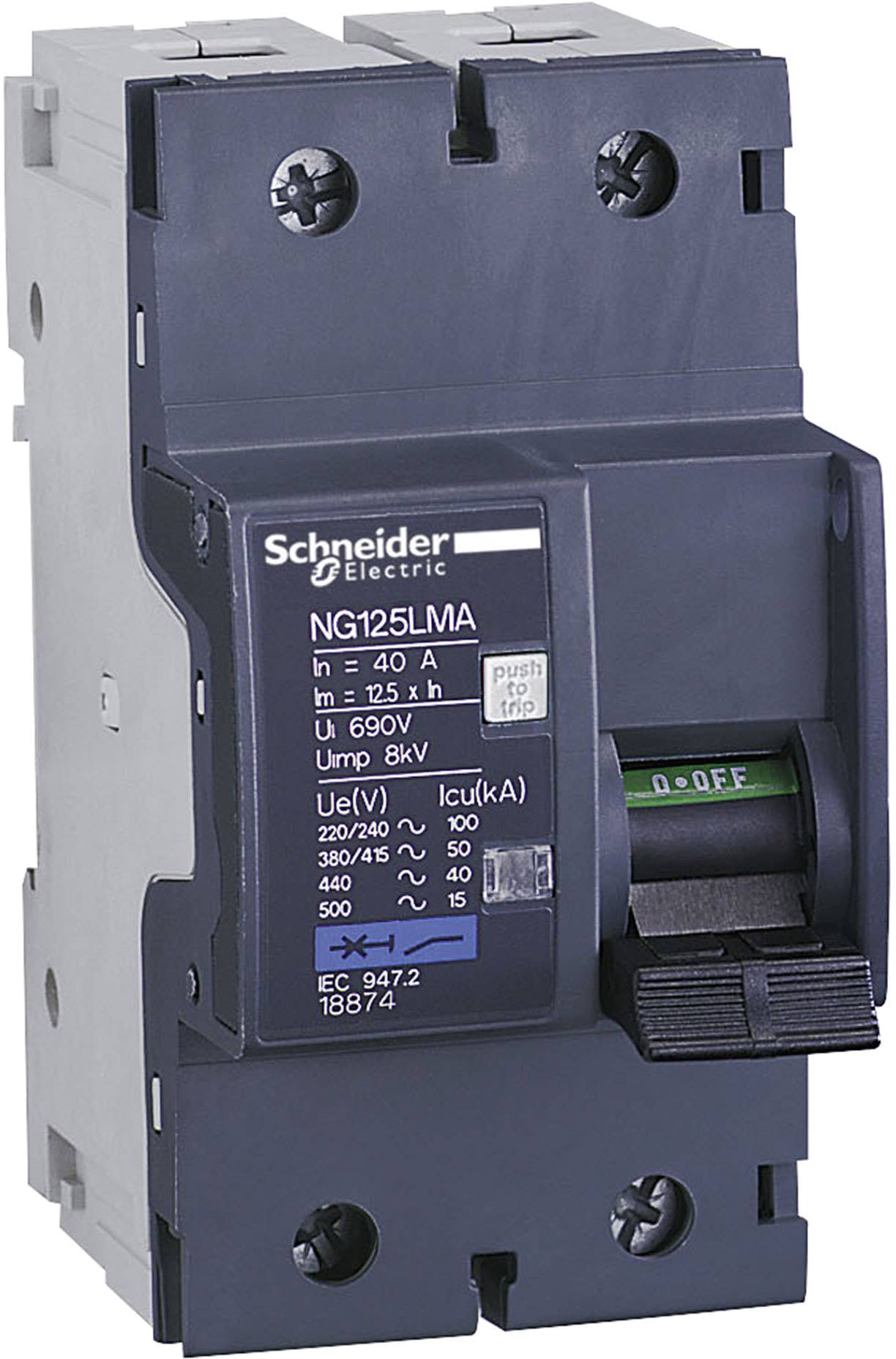Ein schwarzer Leistungsschalter von Schneider Electric mit dem Modellnamen NG125LMA. Er ist mit In=40A und Uimp=8kV beschriftet.