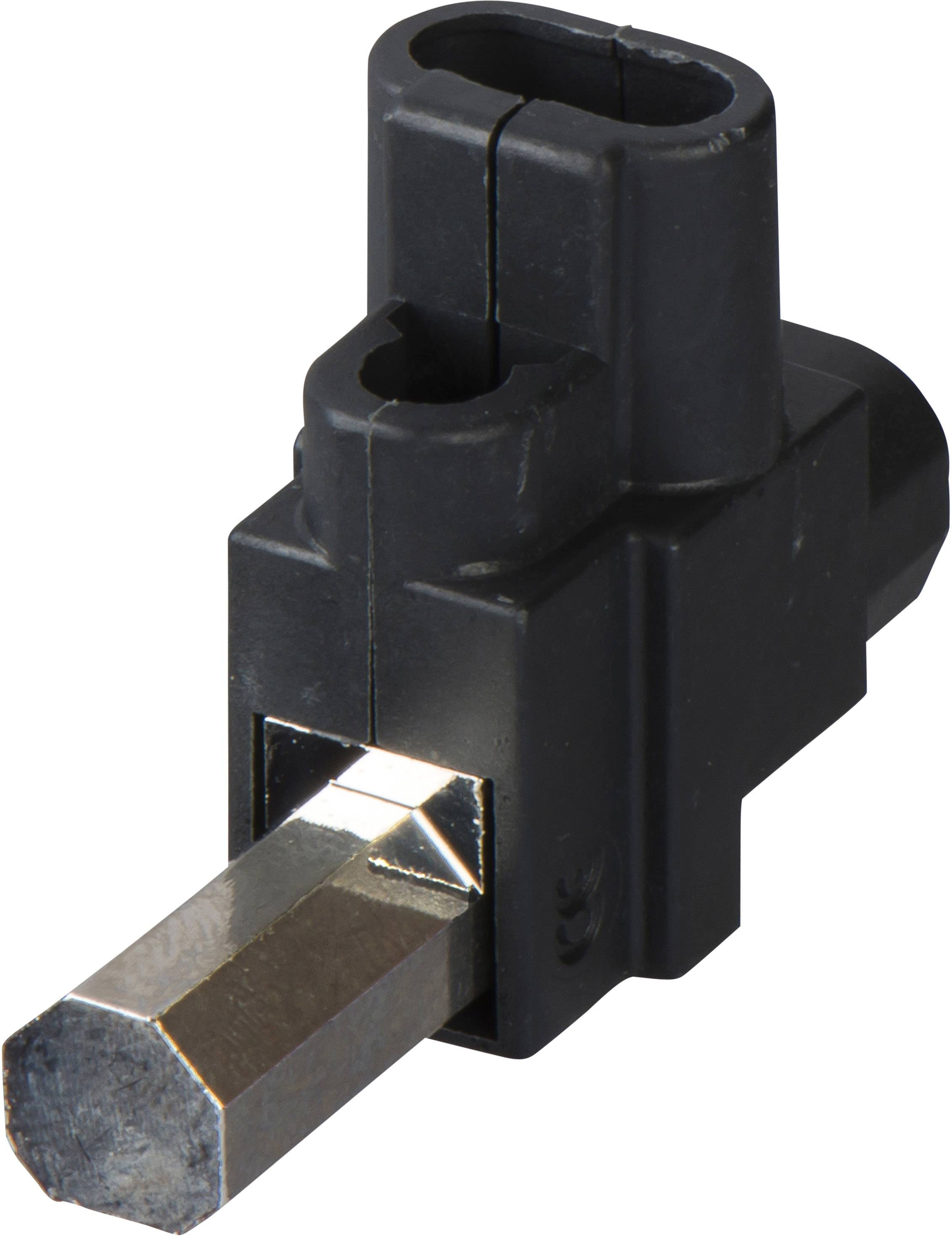 Schwarzer Adapter mit sechseckigem Metallaufsatz, geeignet für die Installation oder Anpassung von Möbeln oder Geräten.