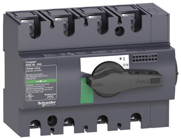 Der Leistungsschalter Schneider Electric Compact NSX80 zeigt den Zustand 'ON' an. Geeignet für Spannungen 690V-50/60Hz, Nennstrom 80A.