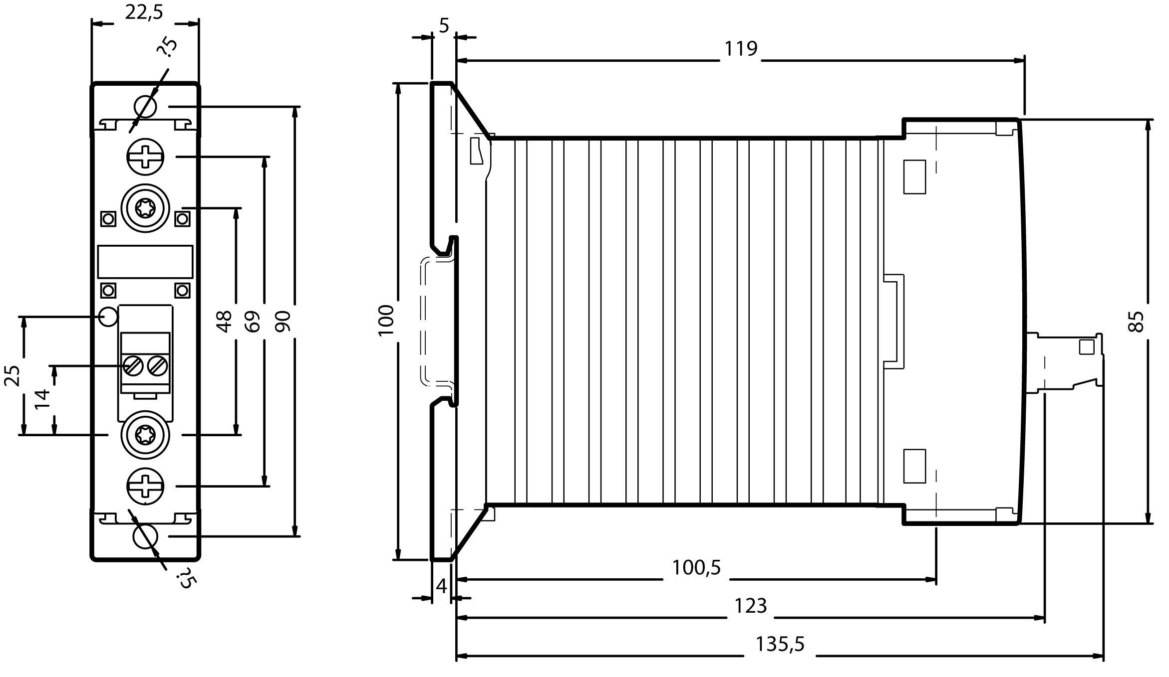 Technische Zeichnung eines Geräts mit Abmessungen. Zeigt Vorder- und Seitenansicht. Wichtige Maße: 135,5 mm Länge, 100 mm Höhe.