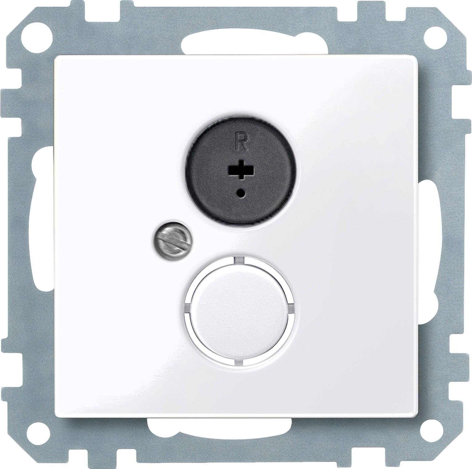 Ein weißer Lichtdimmer mit Rundregler in der Mitte, einem kleinen schwarzen Knopf mit 'R' darüber und einem kleinen Schalter links daneben.