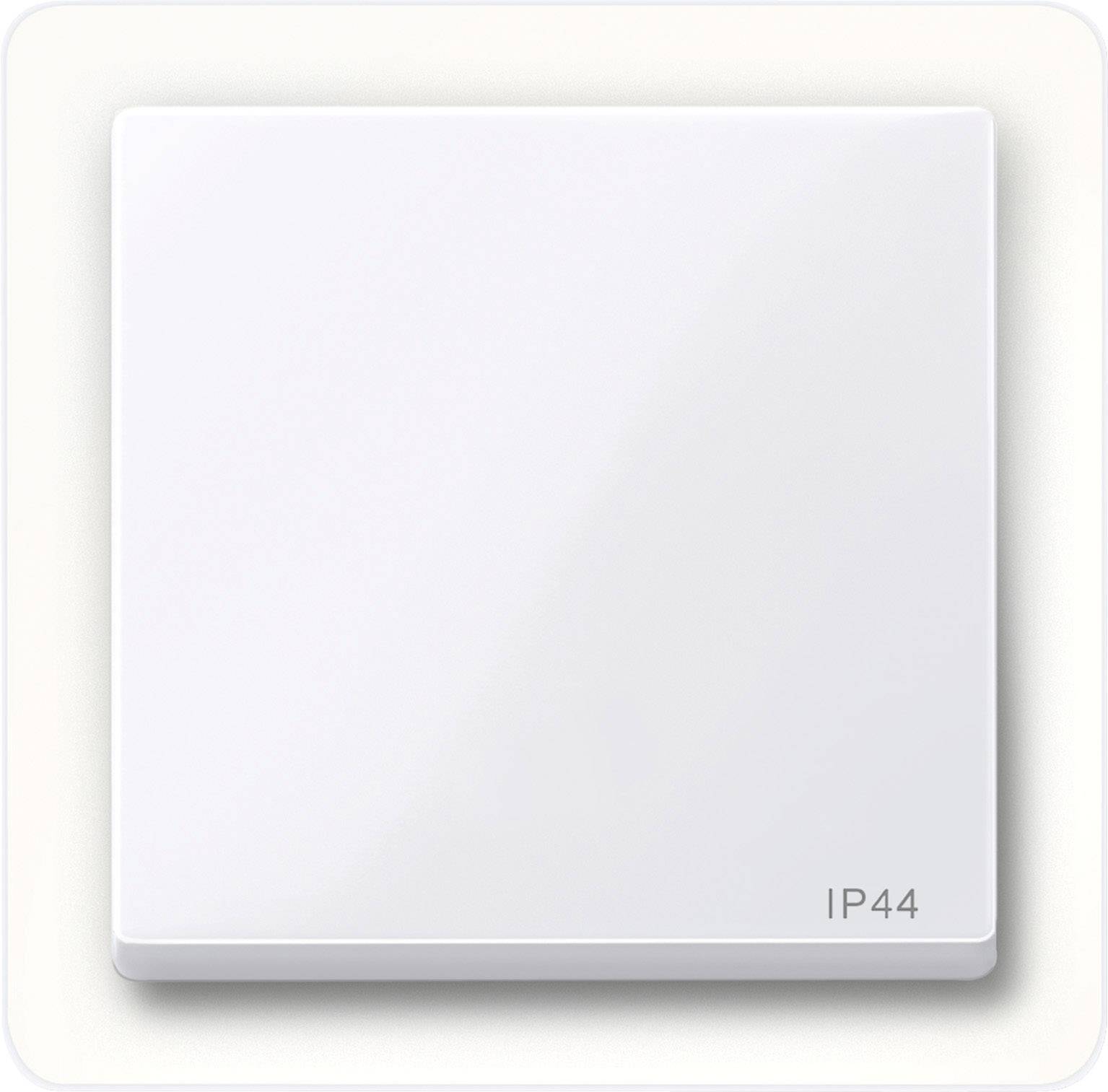 Ein quadratischer, weißer Lichtschalter mit der Aufschrift 'IP44' unten rechts, geeignet für den Gebrauch in feuchten Umgebungen.