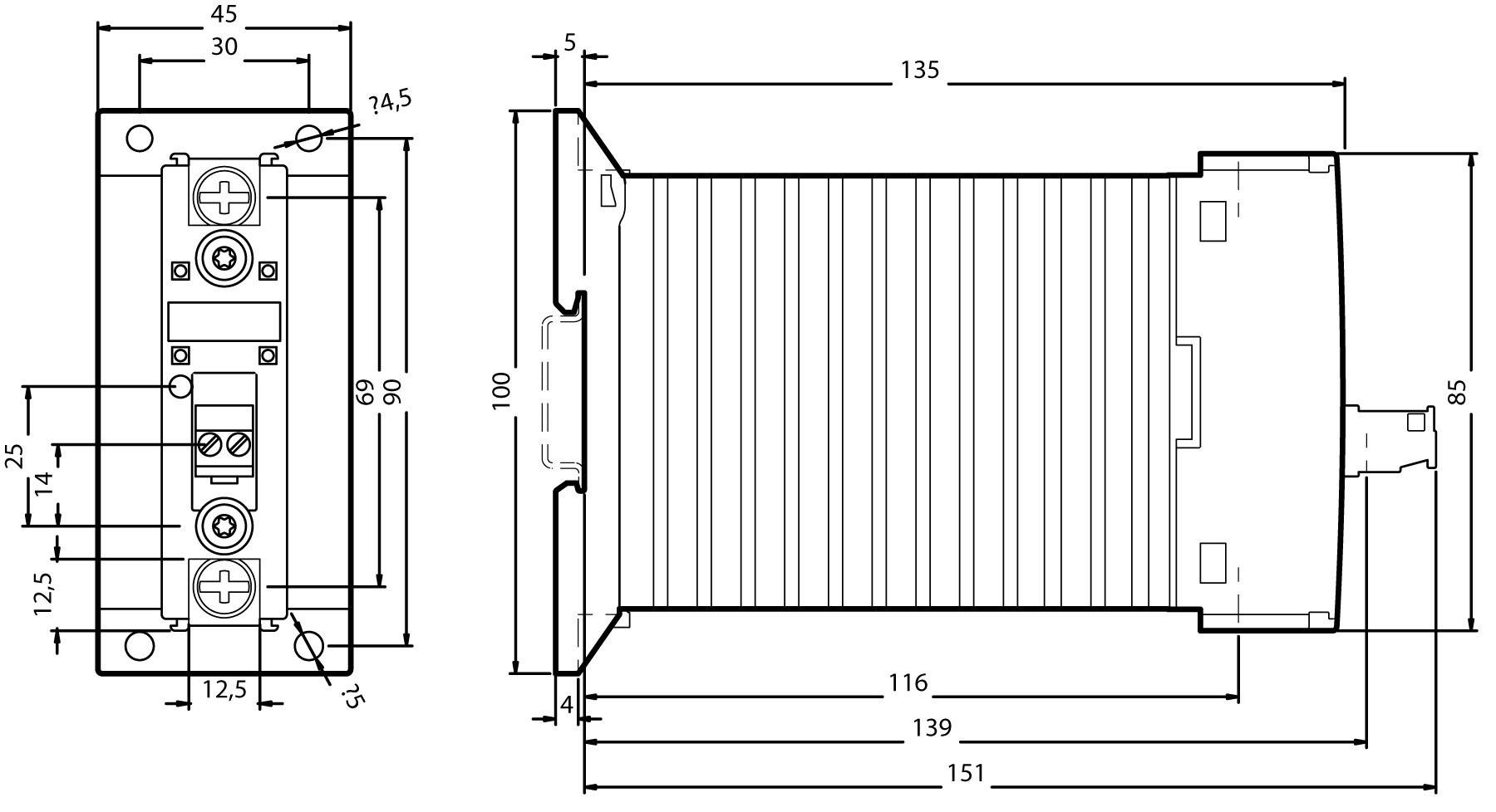 Technische Zeichnung eines elektronischen Bauteils mit den Maßen: 151 mm Länge, 100 mm Höhe, 85 mm Breite, diverse Anschlussdetails.