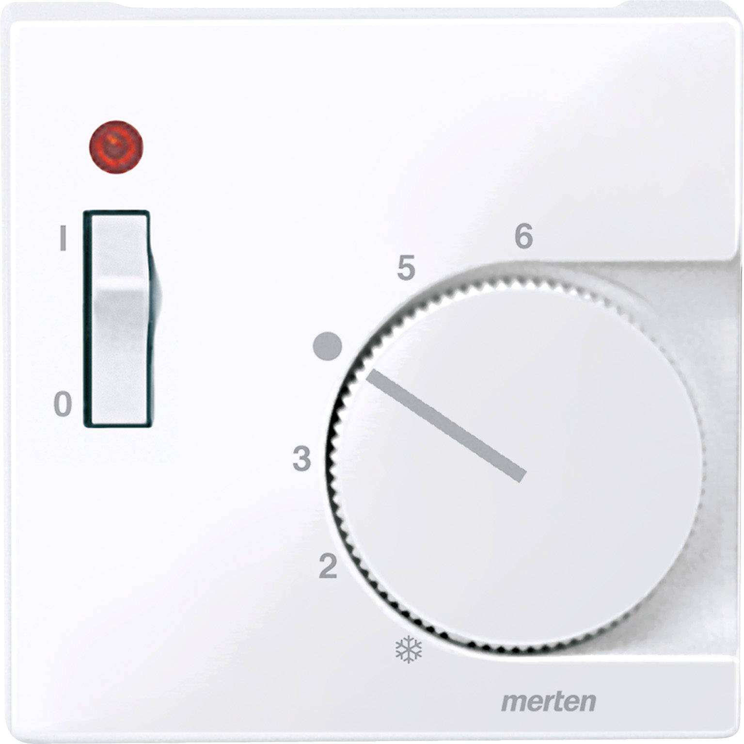 Thermostat-Drehregler mit Skala von 0 bis 6, zeigt auf 3. Schalter links mit Stellungen 0 (aus) und 1 (ein), rote Kontrollleuchte oben.