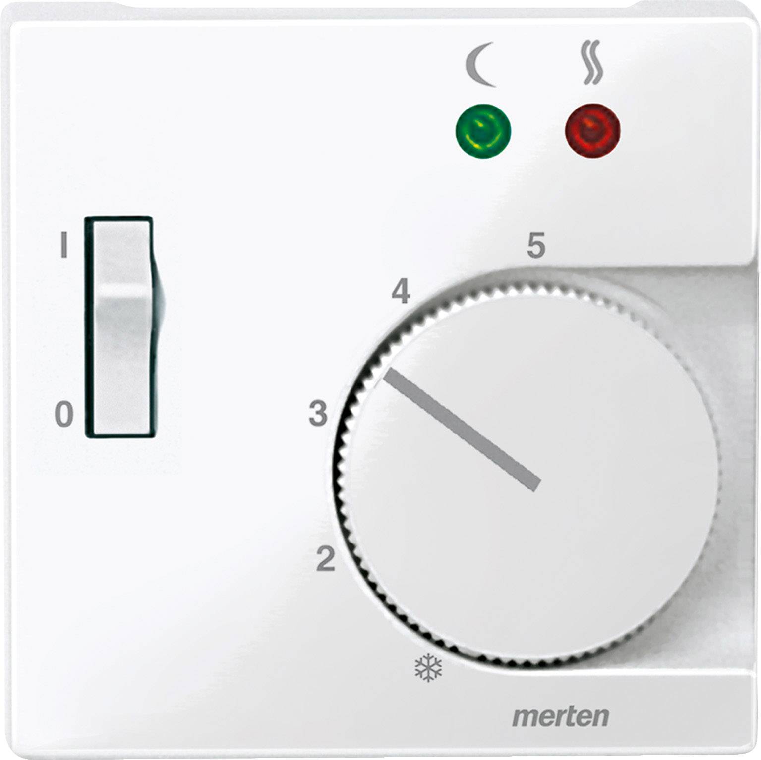Ein weißer Thermostat mit einem Drehknopf. Links ist ein Ein-Aus-Schalter, oben sind eine grüne und eine rote Kontrollleuchte.