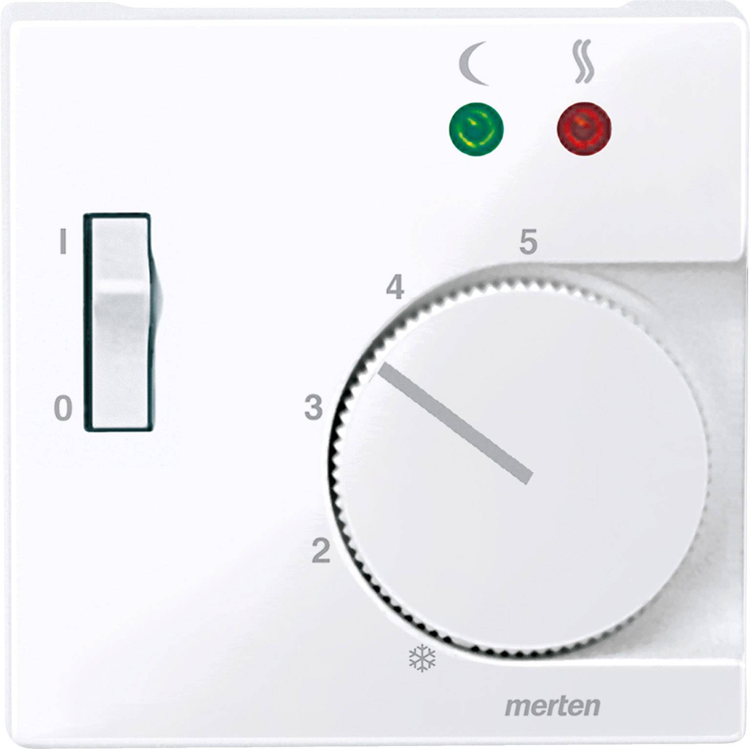 Ein weißer Thermostat mit Drehknopf für Temperatureinstellung, Skala von 0 bis 5. Zwei Lämpchen: grün (Betrieb) und rot (Heizung).