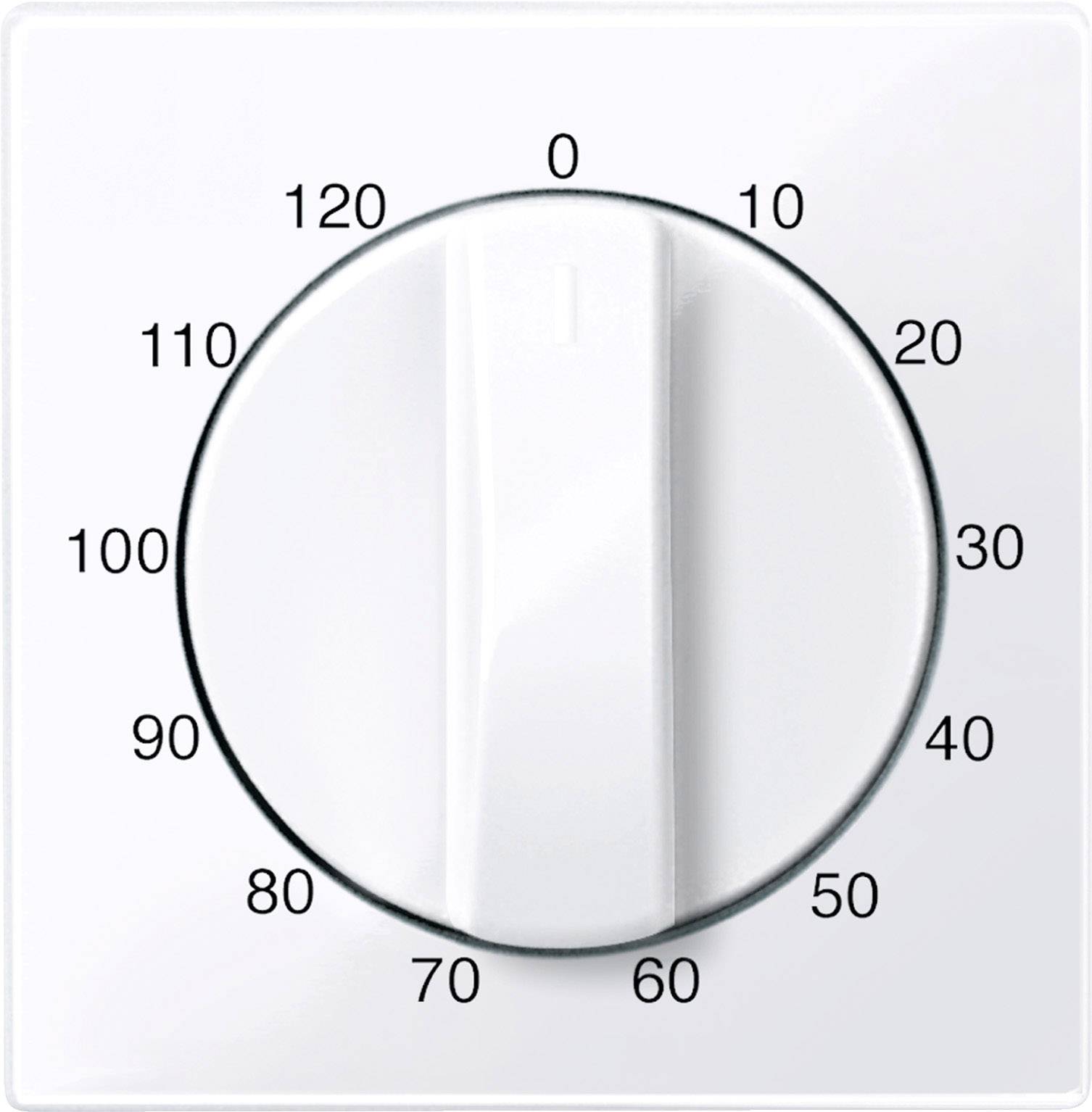 Ein weißer Drehregler auf 80 eingestellt, umgeben von Zahlen in 10er-Schritten von 0 bis 120.