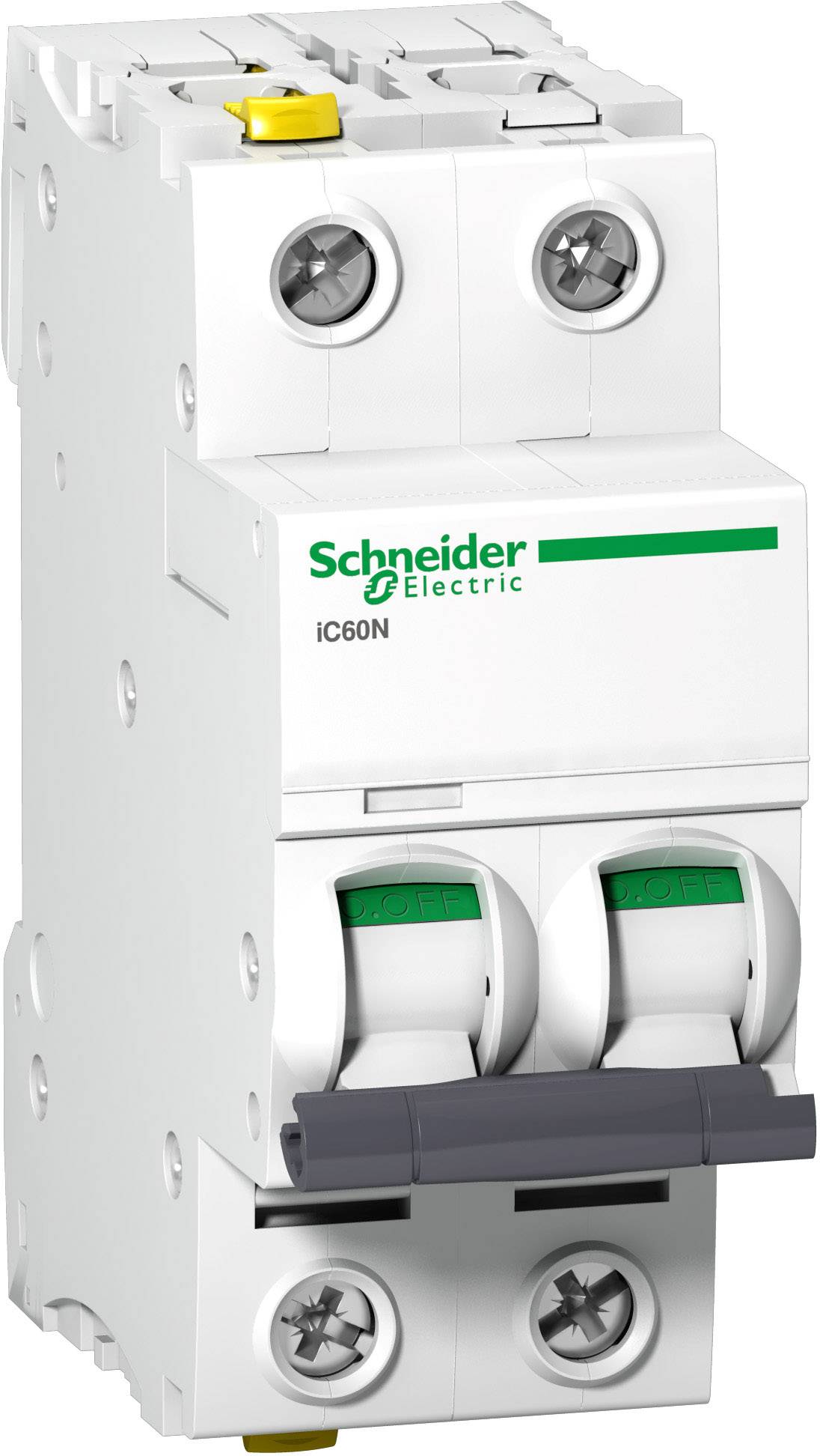 'Schneider Electric iC60N' Zweipoliger Leitungsschutzschalter, weiß, mit grünem Logo und zwei Kippschaltern für elektrische Systeme.