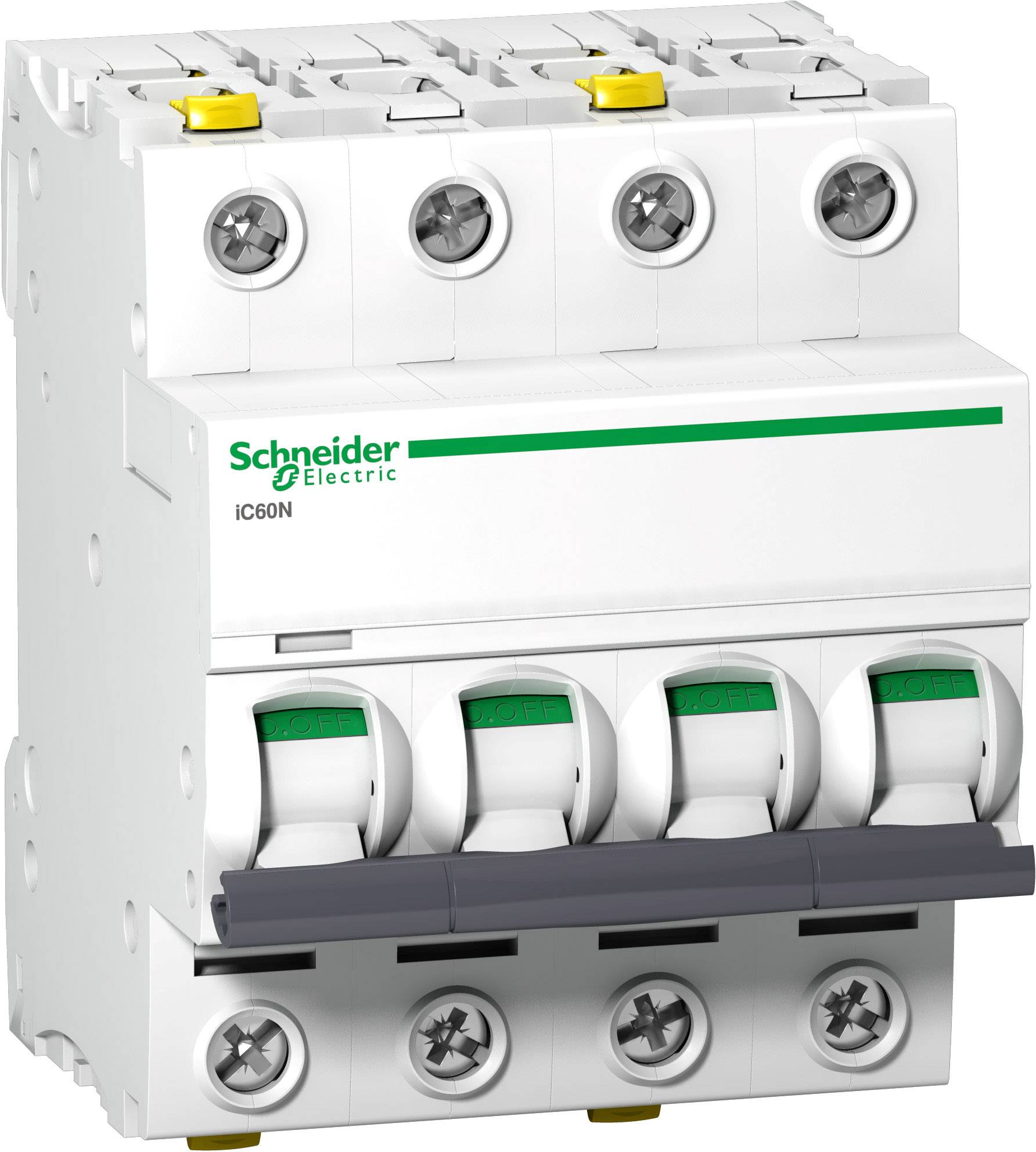 Ein Leistungsschalter von Schneider Electric, Modell iC60N, mit fünf Kippschaltern in der unteren Reihe, geeignet für elektrische Sicherheit.