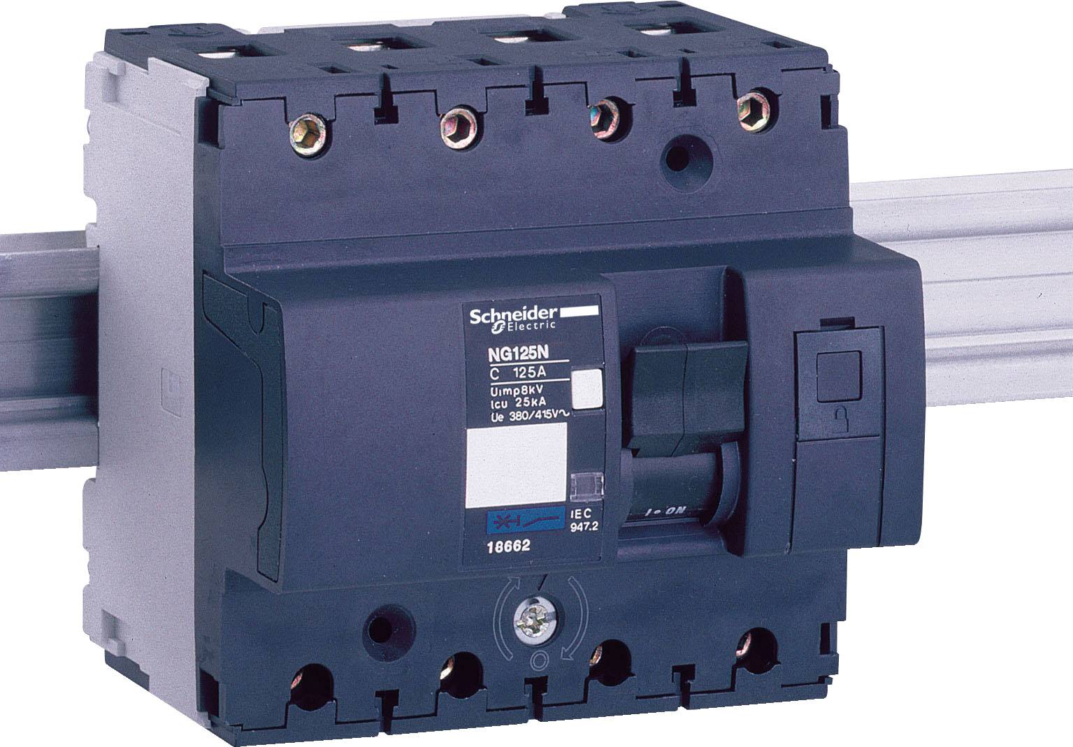 Ein elektrischer Sicherungsautomat von Schneider Electric, Modell NG125N, auf einer Montageschiene, zeigt 125A Kapazität.