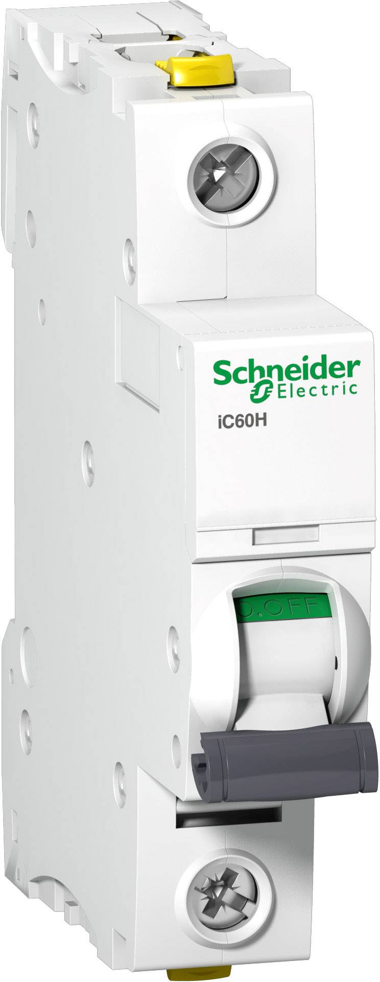 'Schneider Electric iC60H' Schutzschalter, weiß mit grünem und grauem Hebel, seitliche Ansicht. Markenlogo oben sichtbar.