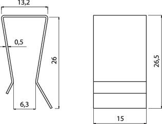 Zeichnung eines Hockers mit Maßen: Höhe 26 cm, Breite 13,2 cm oben, 6,3 cm unten. Seitenansicht zeigt 26,5 cm Höhe, Breite 15 cm.