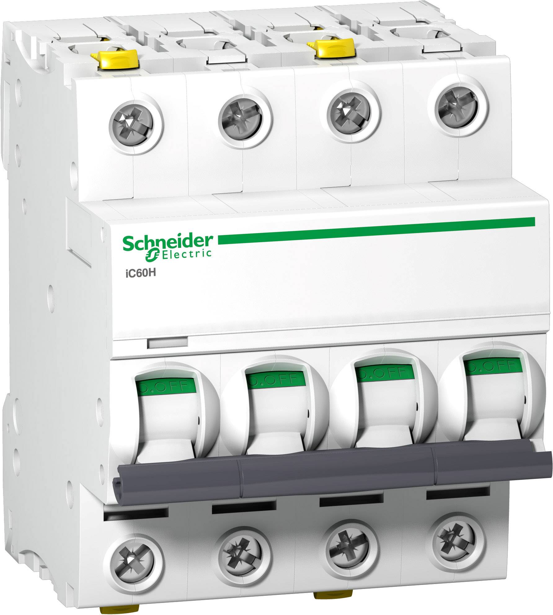 Ein weißer elektrischer Schutzschalter von Schneider Electric. Vier Schalter mit grünen Markierungen und Kontrollanzeigen oben.