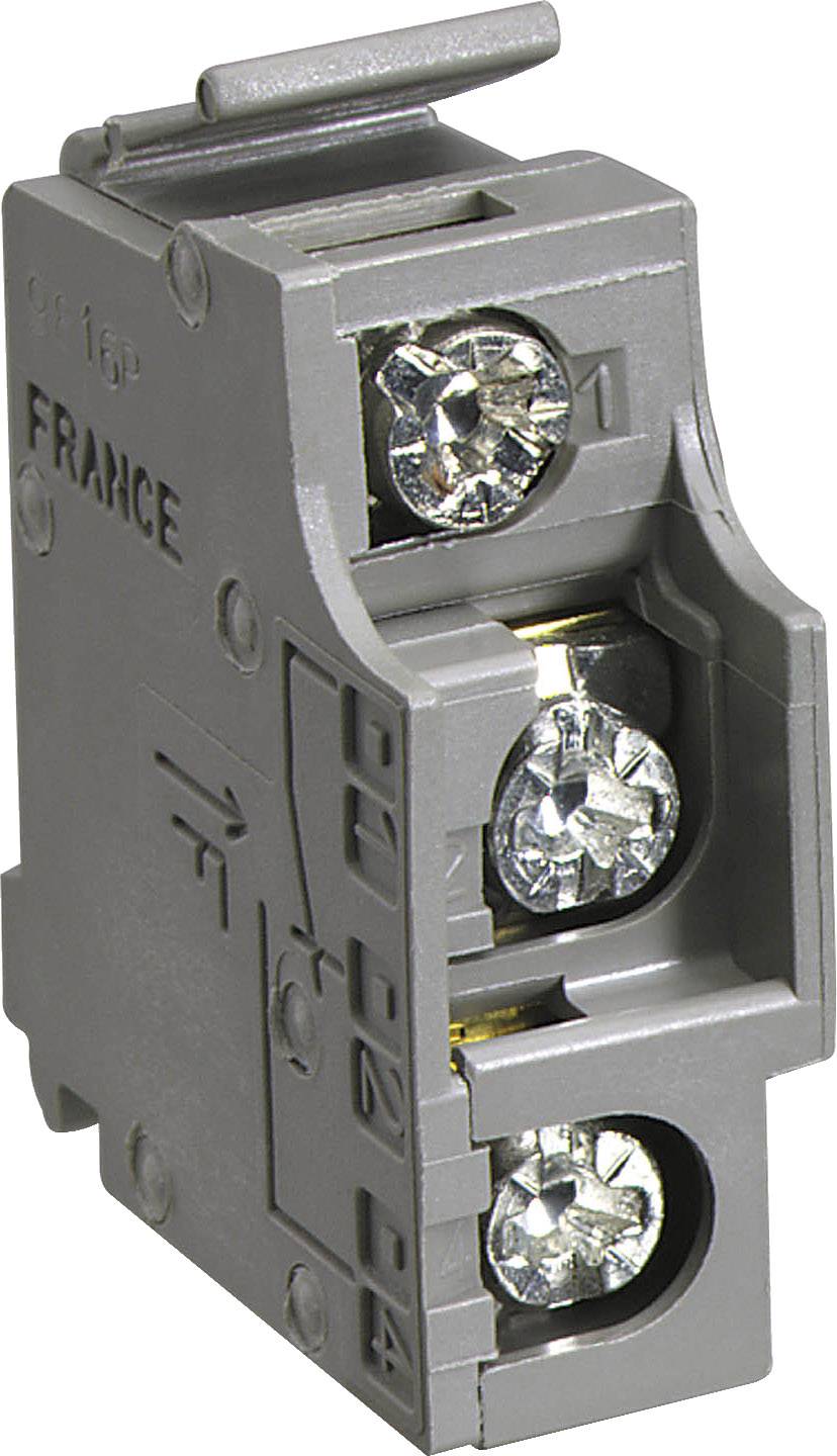 Graues elektrisches Klemmenmodul mit zwei Schraubverbindungen, auf dem 'FRANCE' steht.
