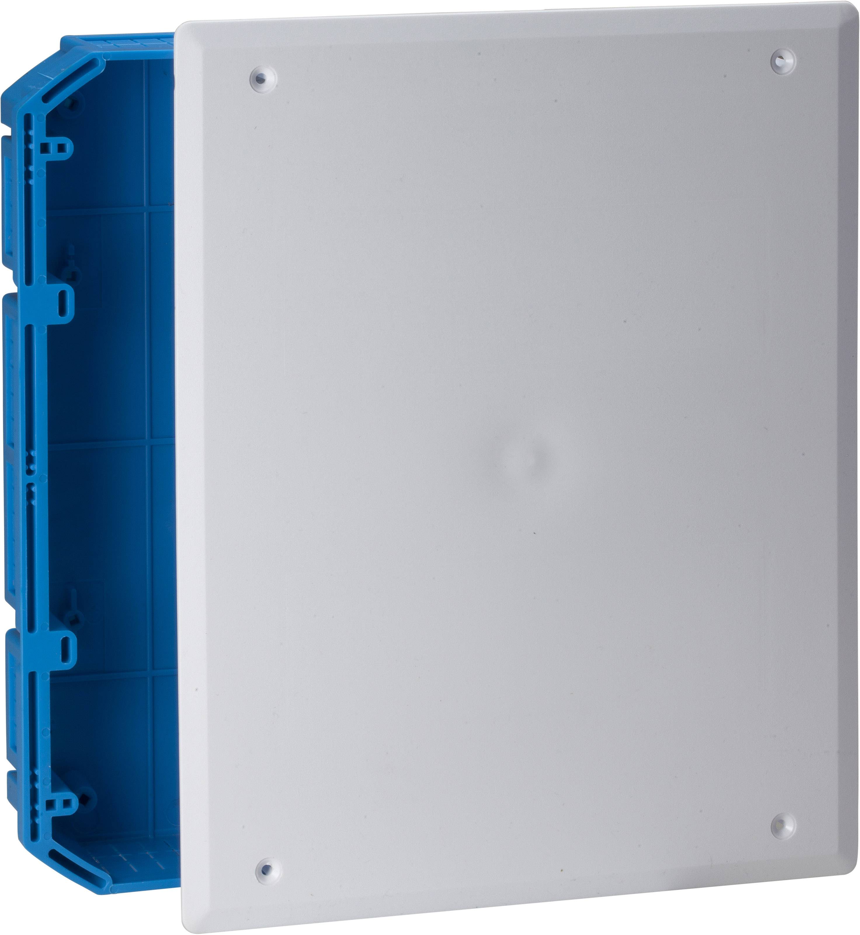 Ein rechteckiger, weißer Plastikdeckel auf einem blauen Gehäuserahmen, geeignet zur Abdeckung elektrischer Anschlüsse.