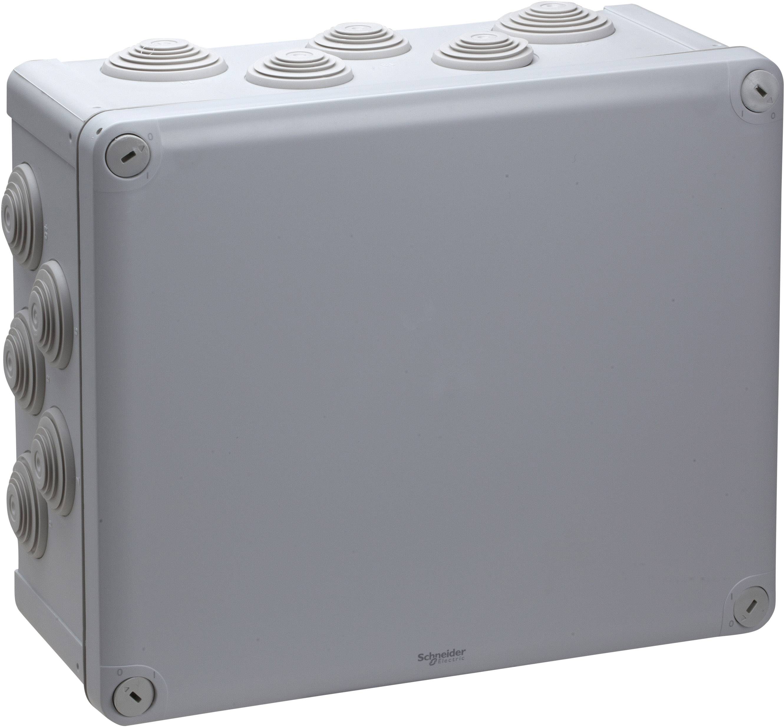 Graues elektrisches Anschlussgehäuse mit mehreren runden Verschlussstopfen an den Seiten und der Oberseite.