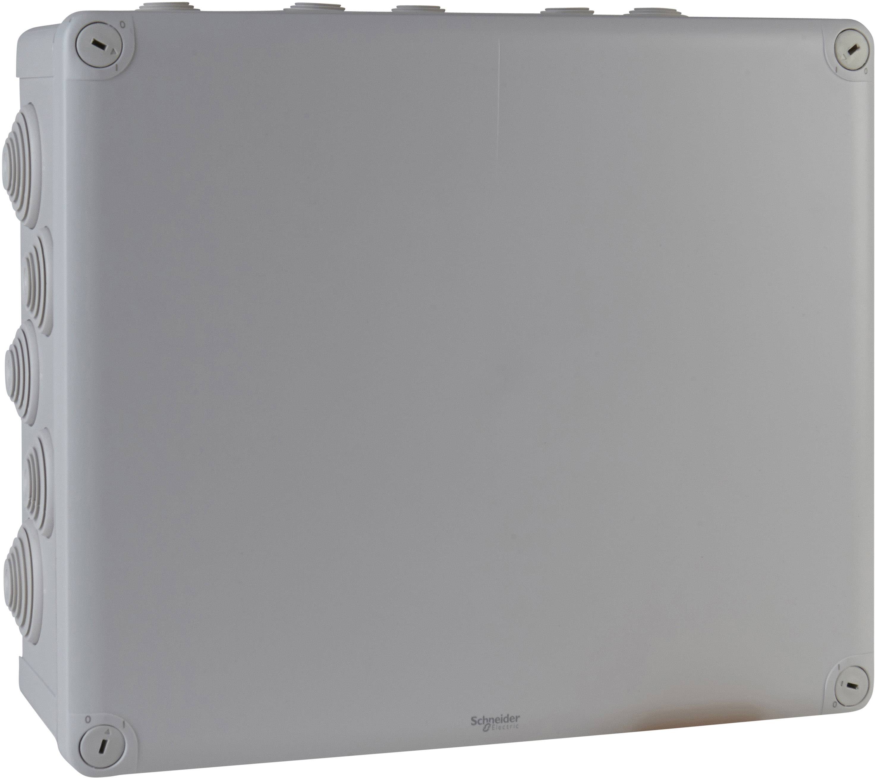 Rechteckiges graues Gehäuse mit abgerundeten Ecken und mehreren runden Kabeldurchführungen an den Seiten.